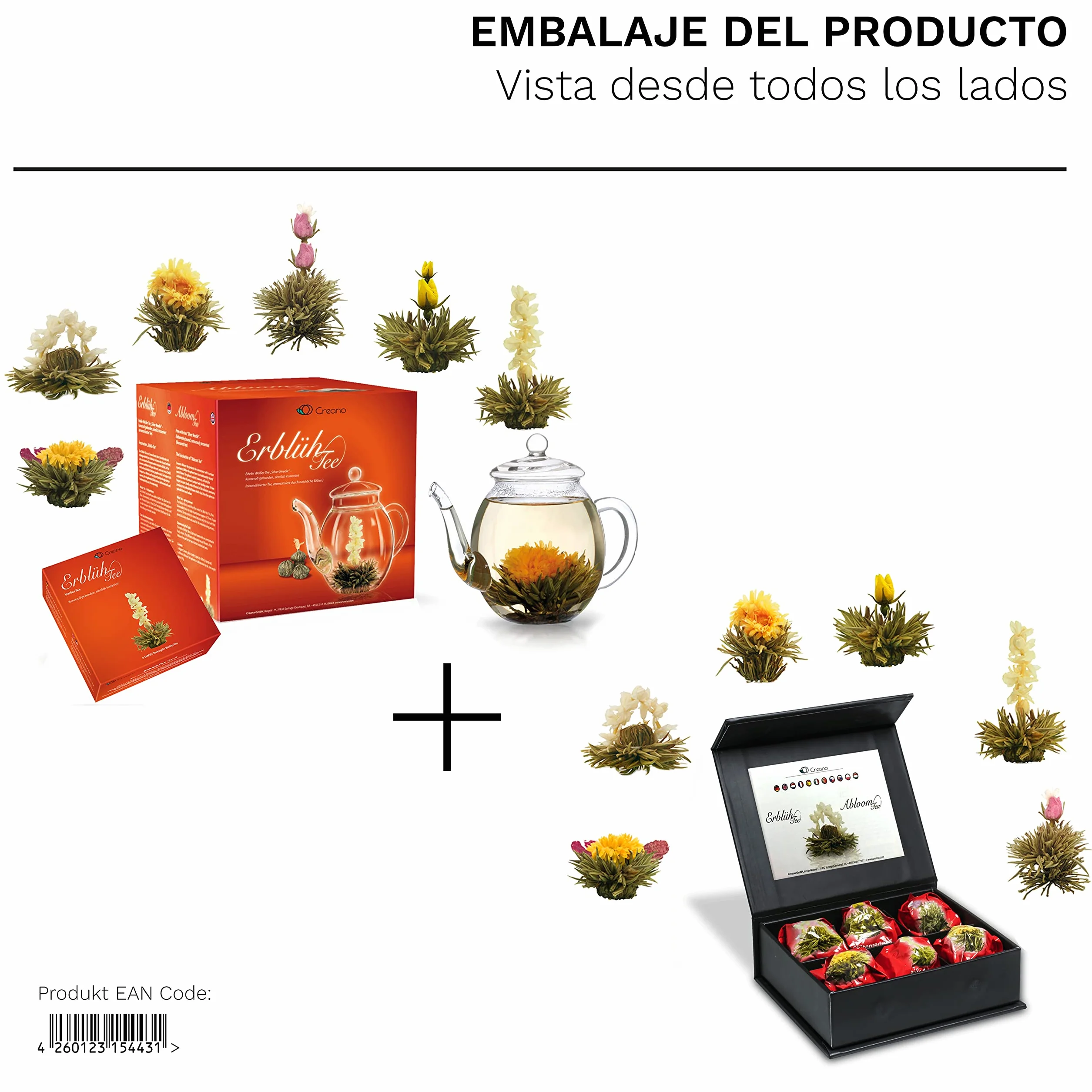 Creano Set Flores de Té Blanco 12 uds Tetera 500ml Antigoteo Cofre Magnético Regalo Mujer Mamá