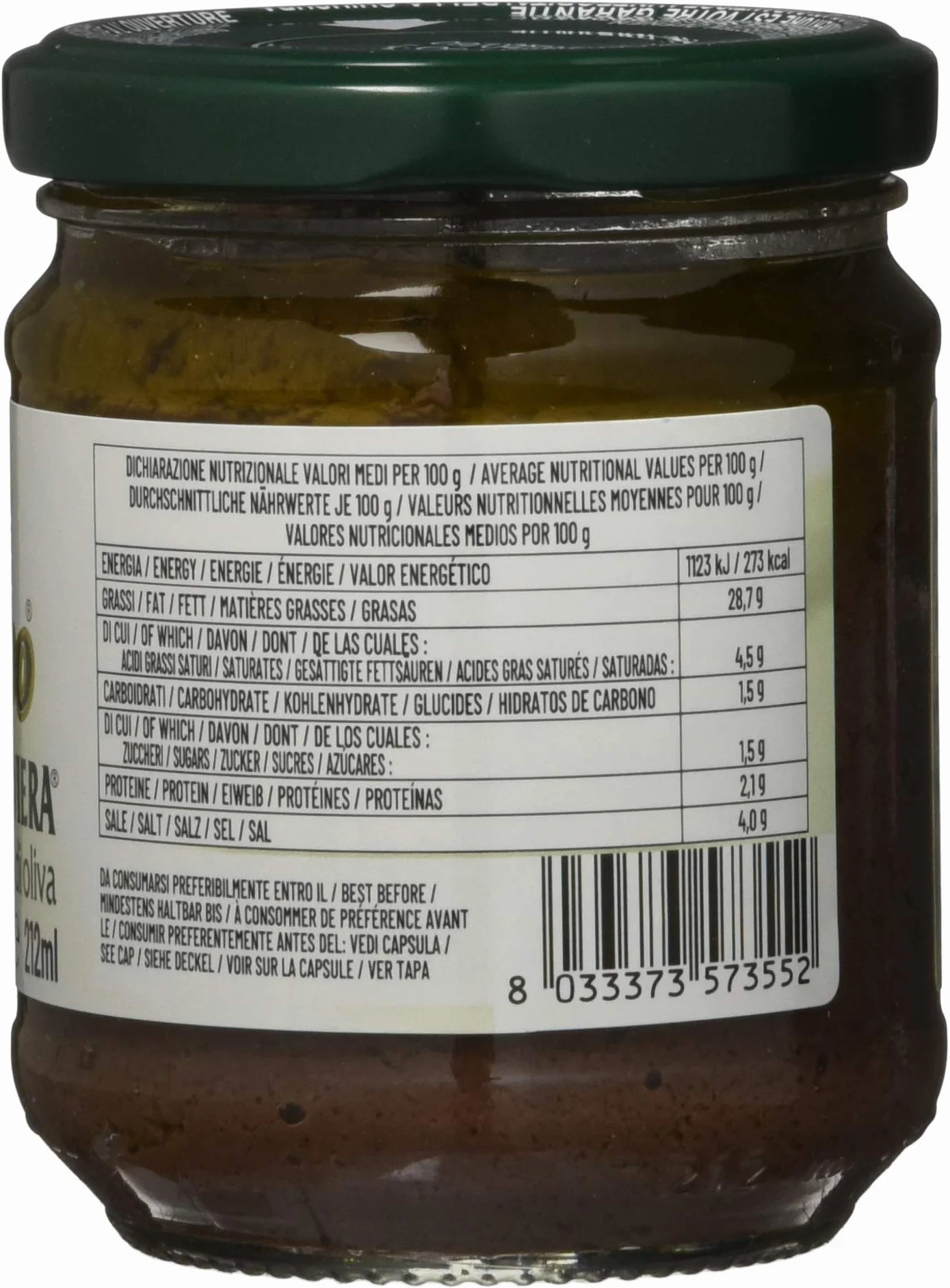 Le Terre di Colombo Pasta de Aceitunas, Riviera en Aceite de Oliva Virgen Extra 10 %, Tarros de 212 Ml Lote de 6