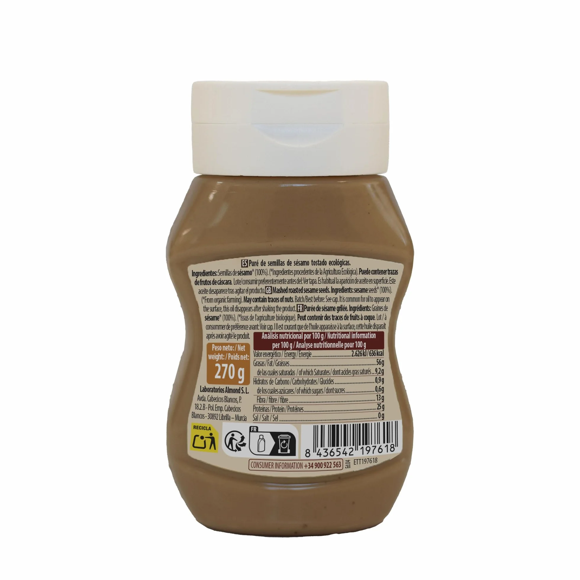 NaturGreen - Tahini Suave Integral Bio, 270 g, Tapón Antigoteo, Puré de Sésamo 100% Ecológico, Textura Cremosa, Rico en Fibra, Sin Gluten ni Azúcares, Fuente de Proteínas, Recetas Saludables