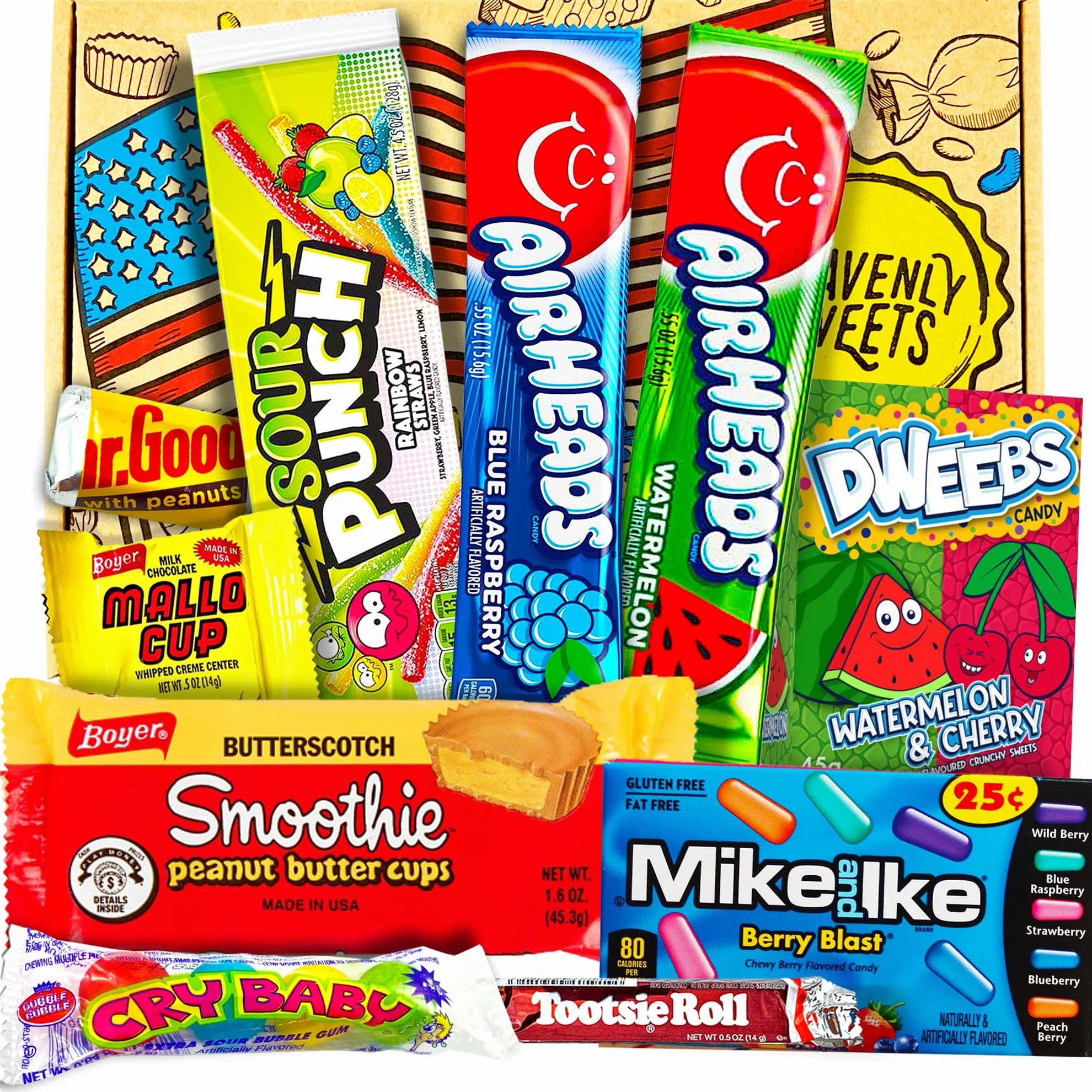 Heavenly Sweets | Chuches Americanas - Caja de regalo de caramelos y chocolates americanos - Retro USA Candy - Cesta de regalo - Cumpleaños, Pascua, Dia Del Padre, Día de la Madre, Semana Santa