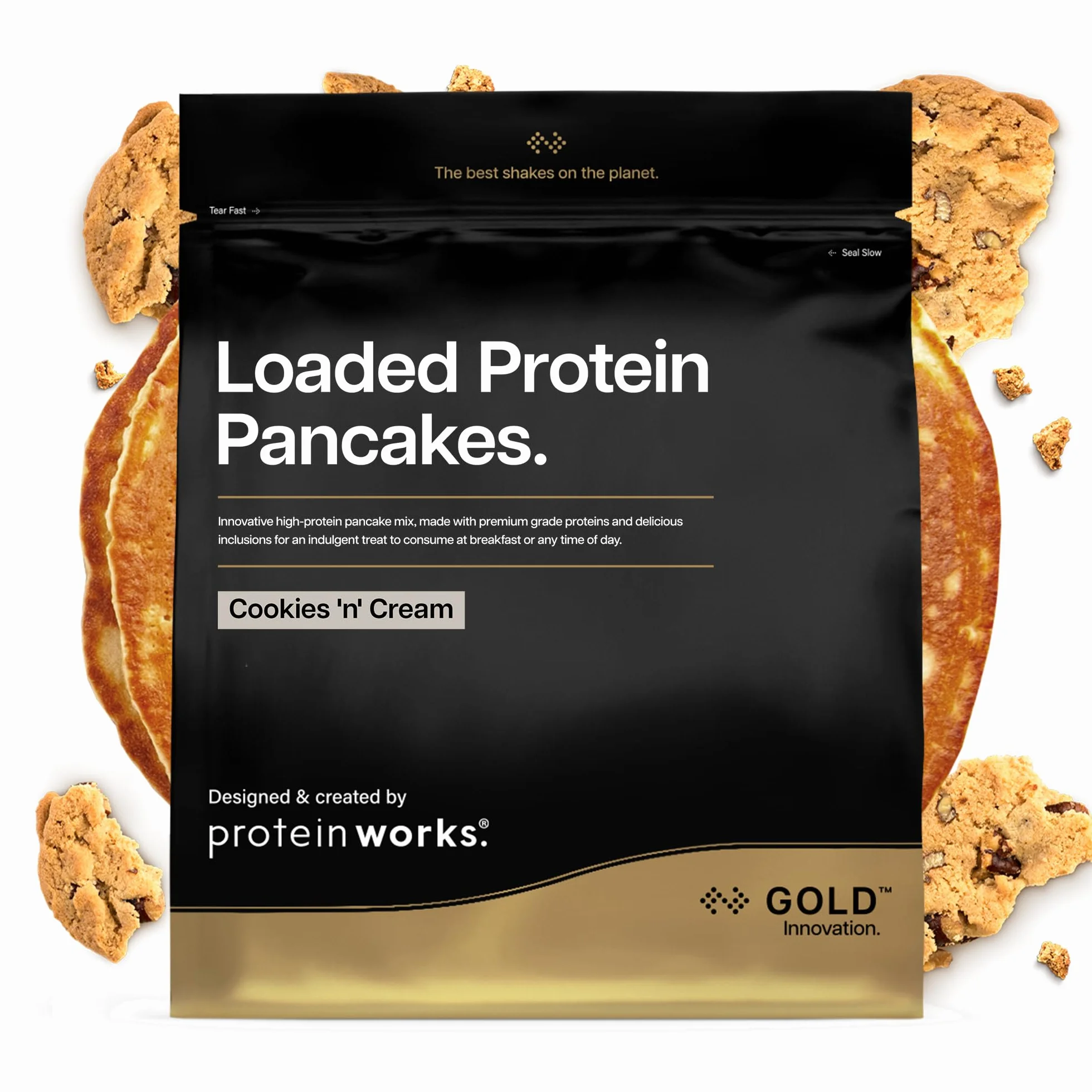 Protein Works | Loaded Protein Pancakes – GOLD Innovation, Mezcla Pancakes Proteicos Premium, Desayuno High-Protein, Bajo Azúcar & Grasa, Cookies & Cream, 16 Porciones, 1kg