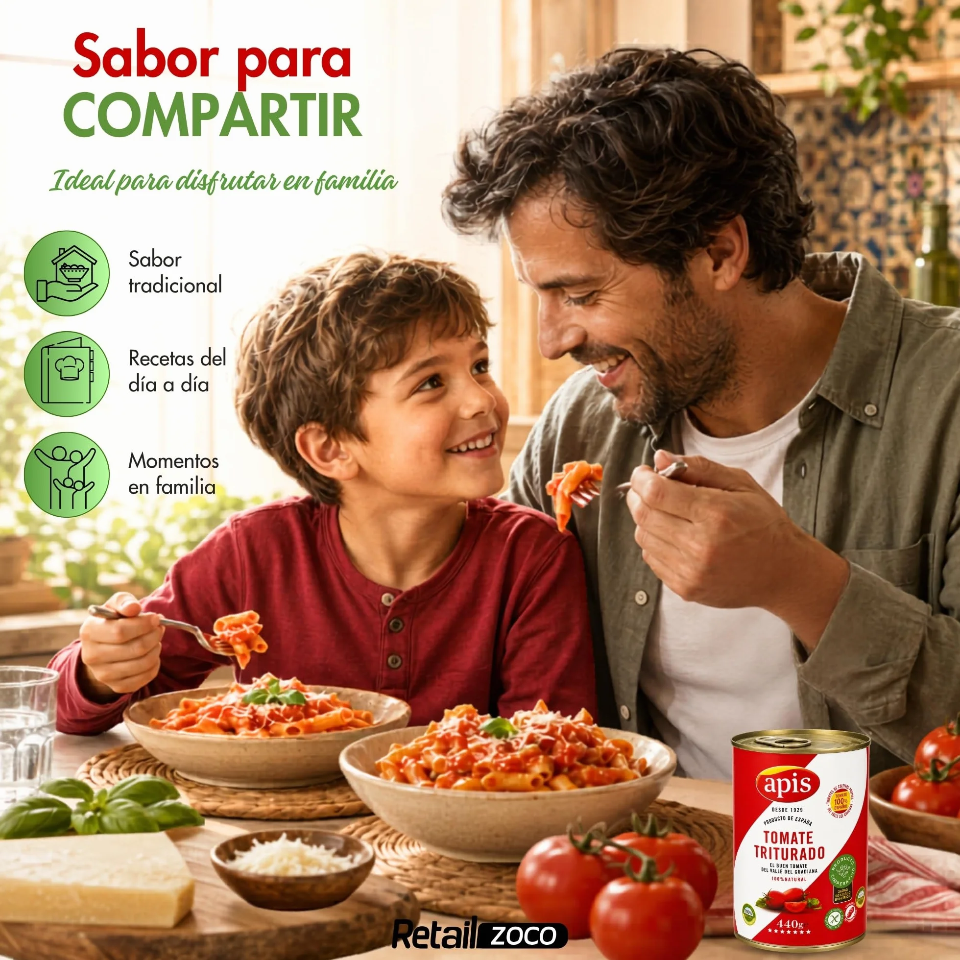 Tomate Triturado Apis, Tomate Natural en lata, Tomate 99.4%, sal y corrector de acidez, Sin Gluten, Producto Español, exquisito sabor, aroma y consistencia, Contiene 12 Latas de 400 gr