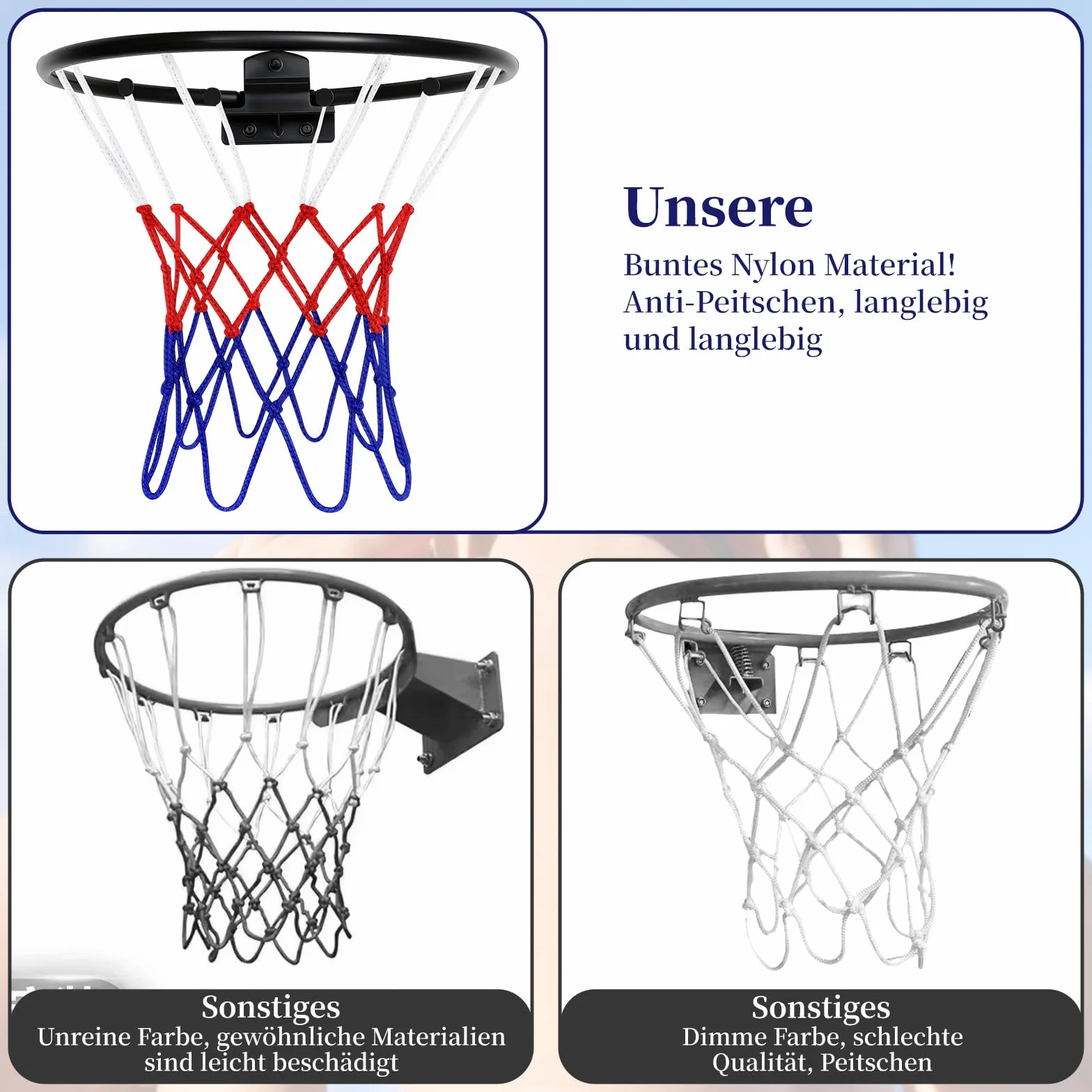 Red de repuesto para baloncesto, 3 unidades, 20-26 cm, 8 trabillas, interior y exterior
