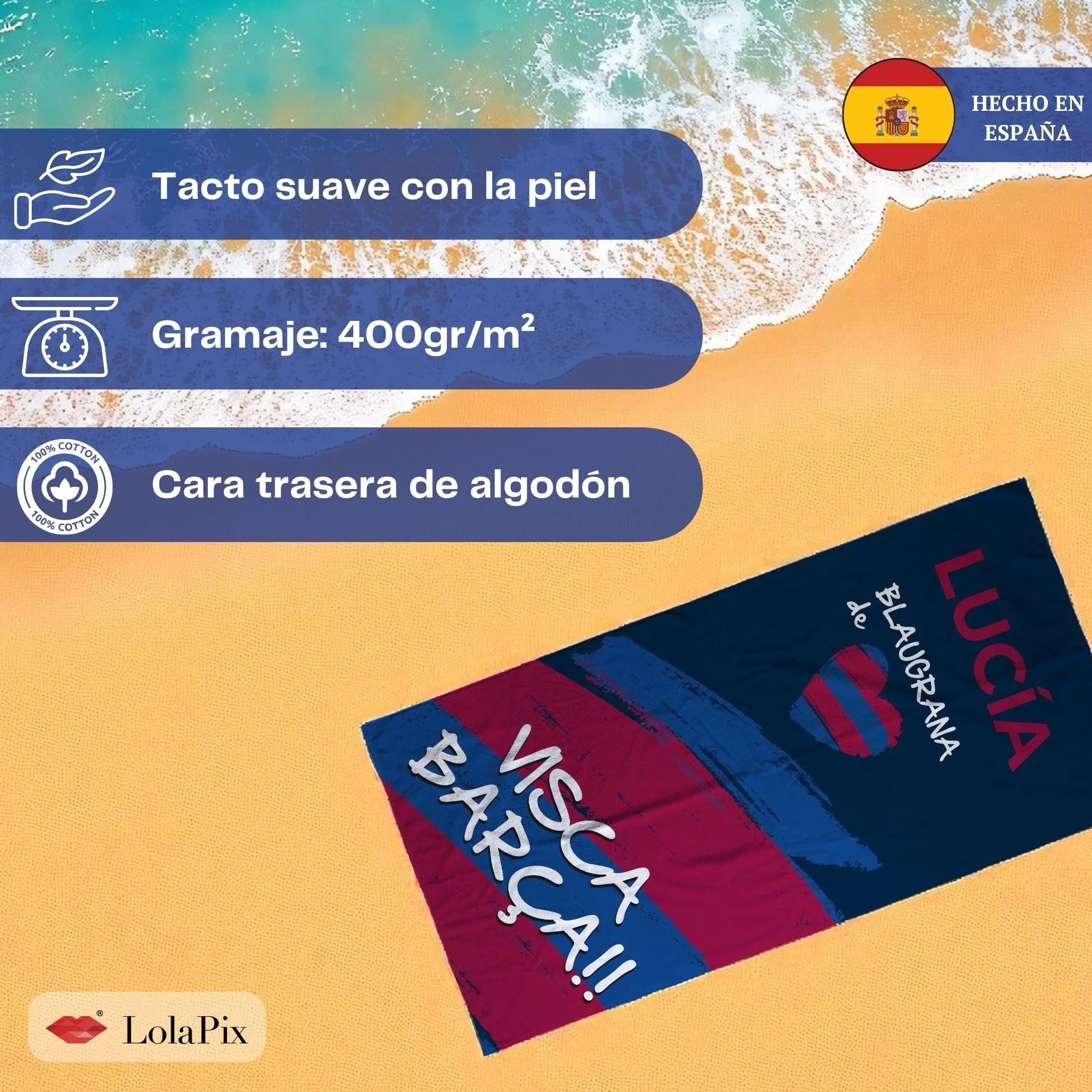 LolaPix Toalla Barcelona Personalizada Futbol Playa Regalo Nombre