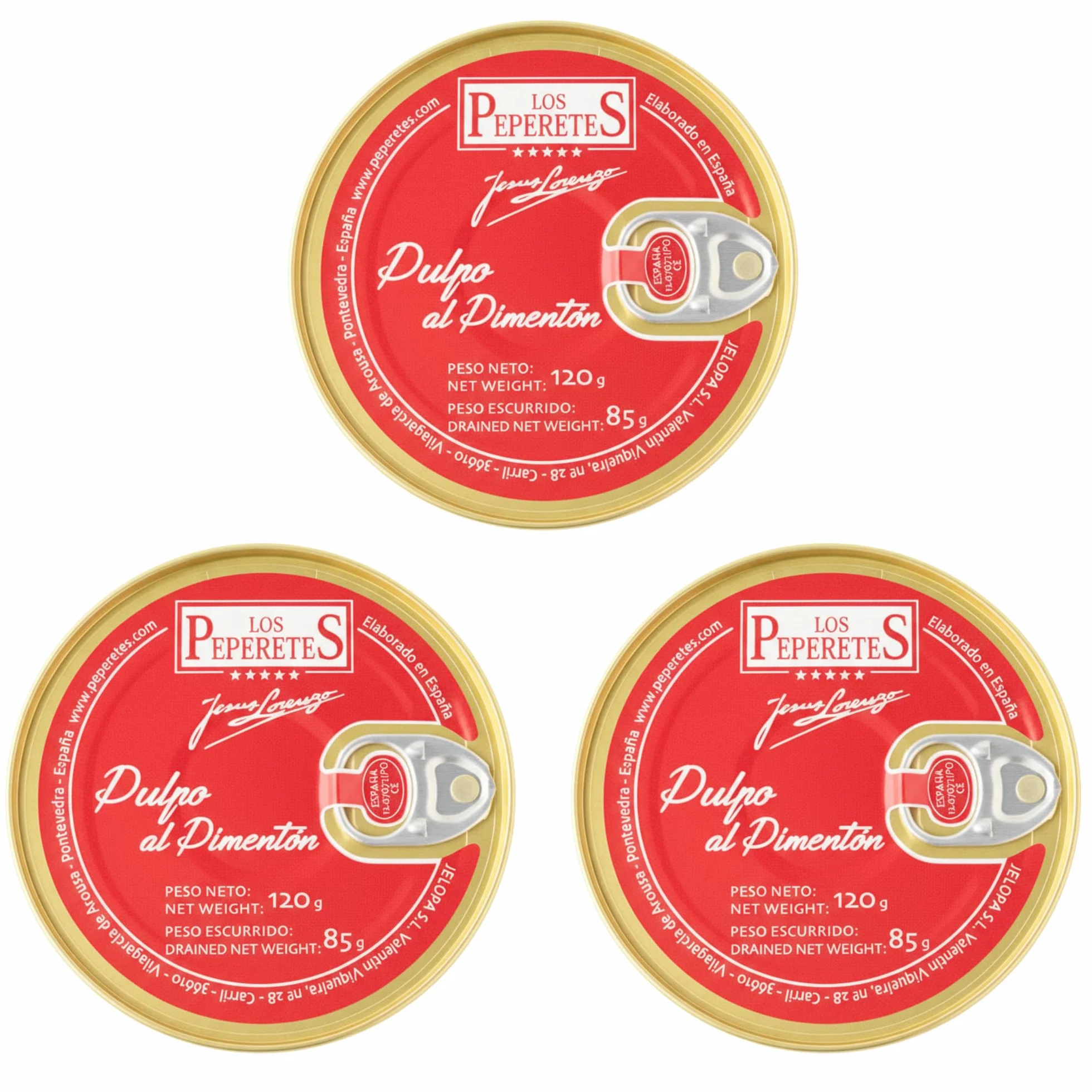 LOS PEPERETES x3 Lata Pulpo al Pimentón 120 g | Marisco Gallego Gourmet | Conserva Artesanal con Aceite de Oliva y Pimentón | Pulpo a la Gallega del Atlántico | Sabor Tradicional de Galicia