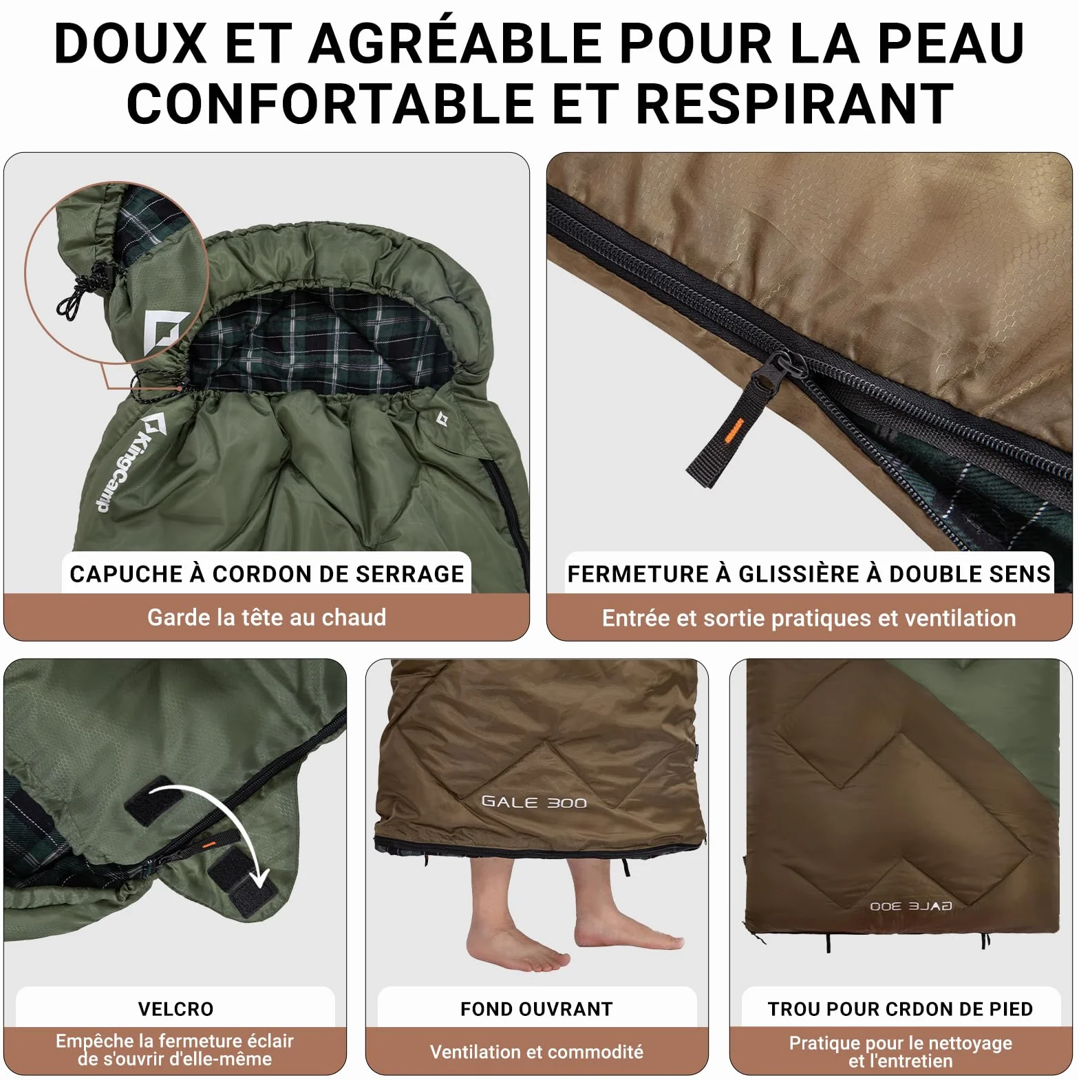 KingCamp Saco de Dormir Adulto XXL de Franela de Algodón, 230 x 90 cm, Cálido, para 3 o 4 Sstaciones, para Acampar y Viajes, con Capucha y Saco de Compresión.