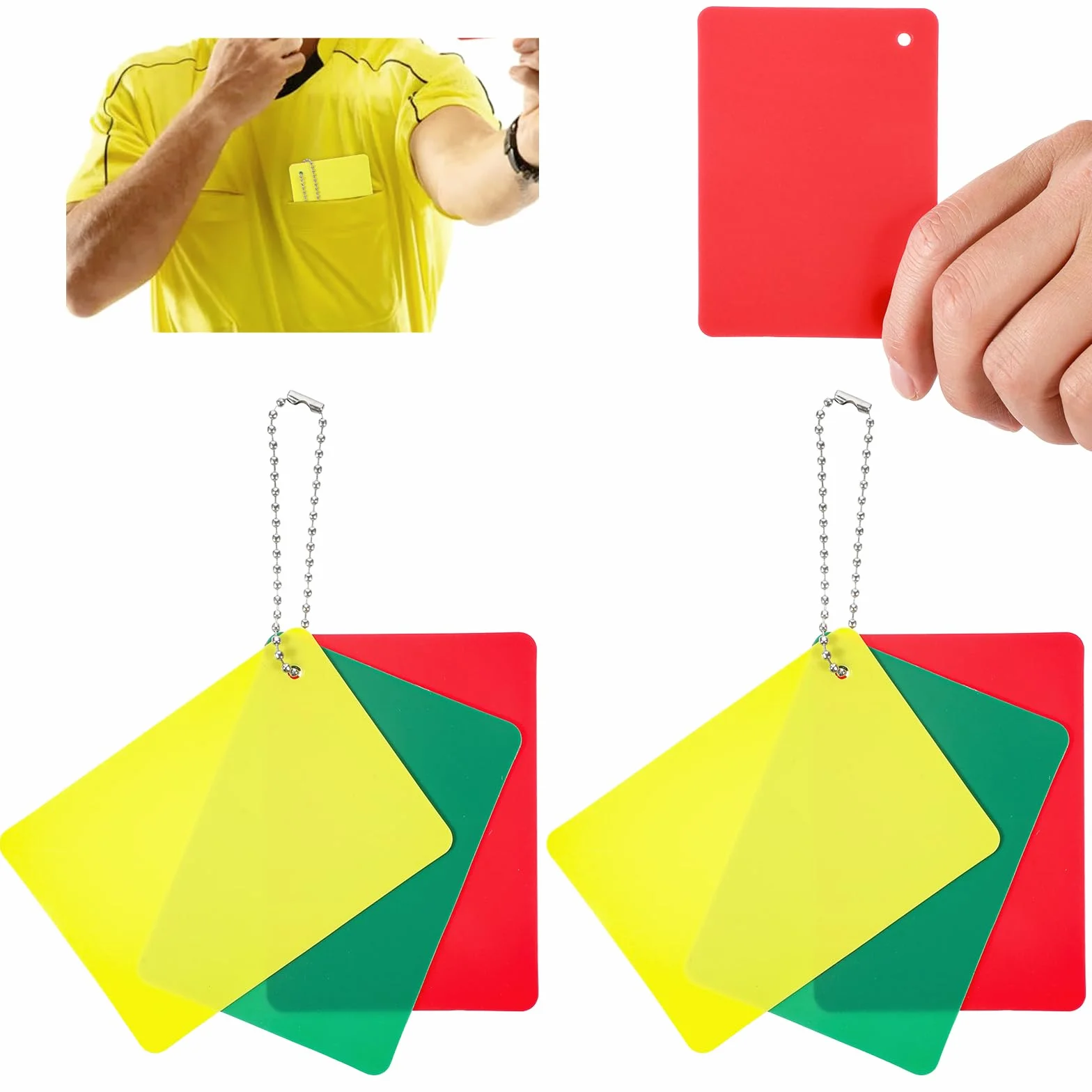 Tarjetas de fútbol verde, rojo y amarillo para árbitro penales, advertencia, expulsión