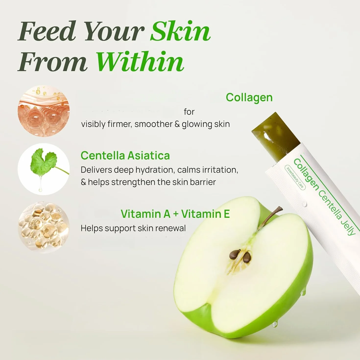 Centella|Jalea de colágeno, ayuda a hidratar y promover una piel sana, fortalecer el cabello y las uñas, gelatina con sabor a manzana verde rica en vitaminas