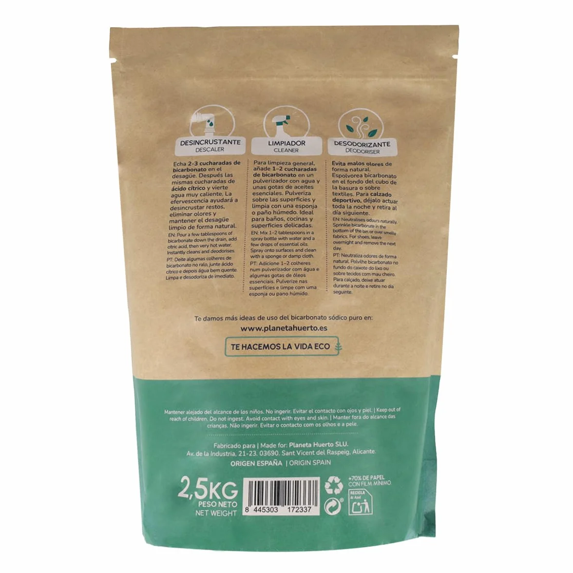PLANETA HUERTO | Pack 3x Bicarbonato Sódico Ecológico 2.5 kg - Limpieza y Desodorización Natural Multiusos para el Hogar y Más