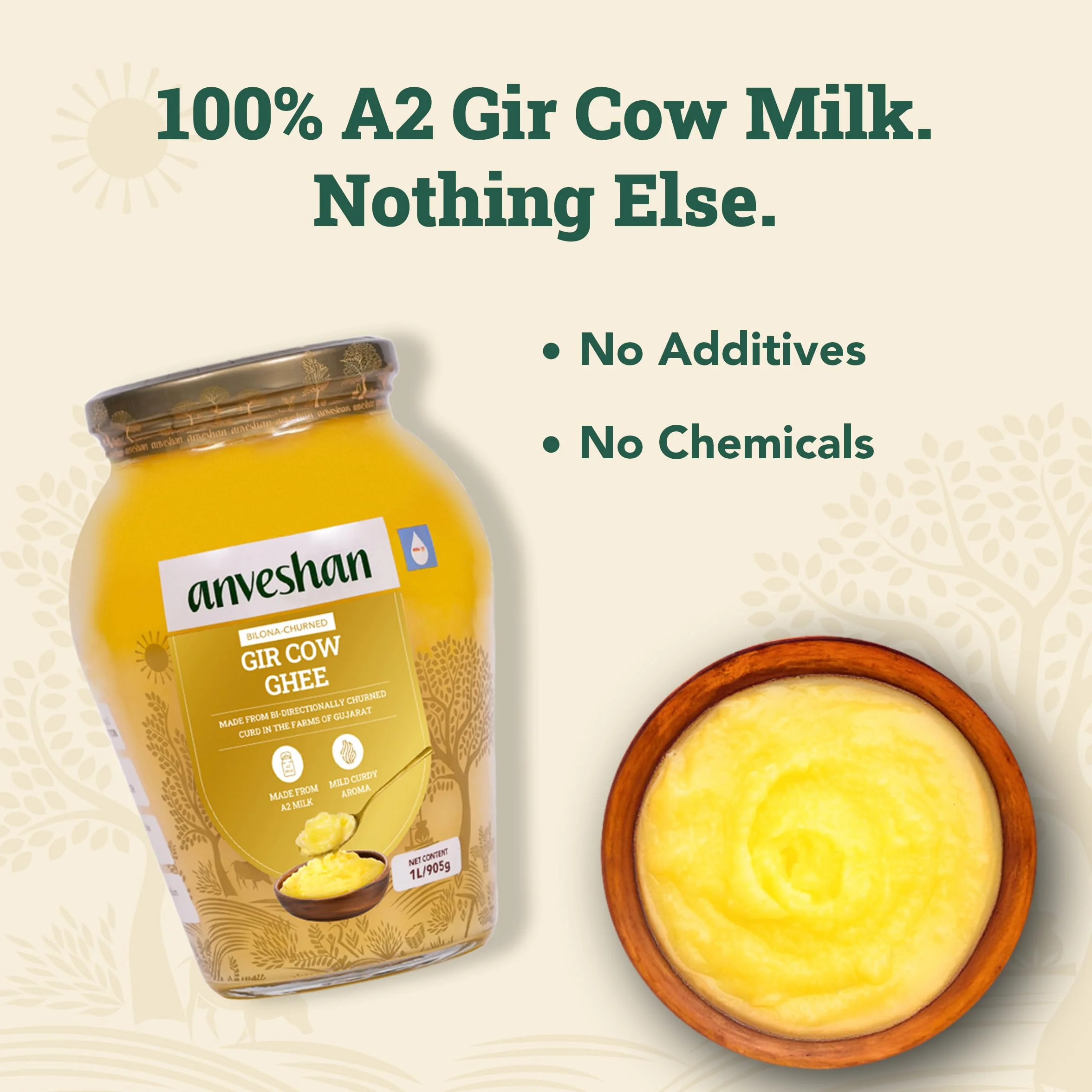 Anveshan Método Ghee Bilona de vaca Gir A2, 1 litro, método tradicional Bilona, cultivado, potenciador de inmunidad, puro, natural, saludable, fresco, sin lactosa y sin gluten