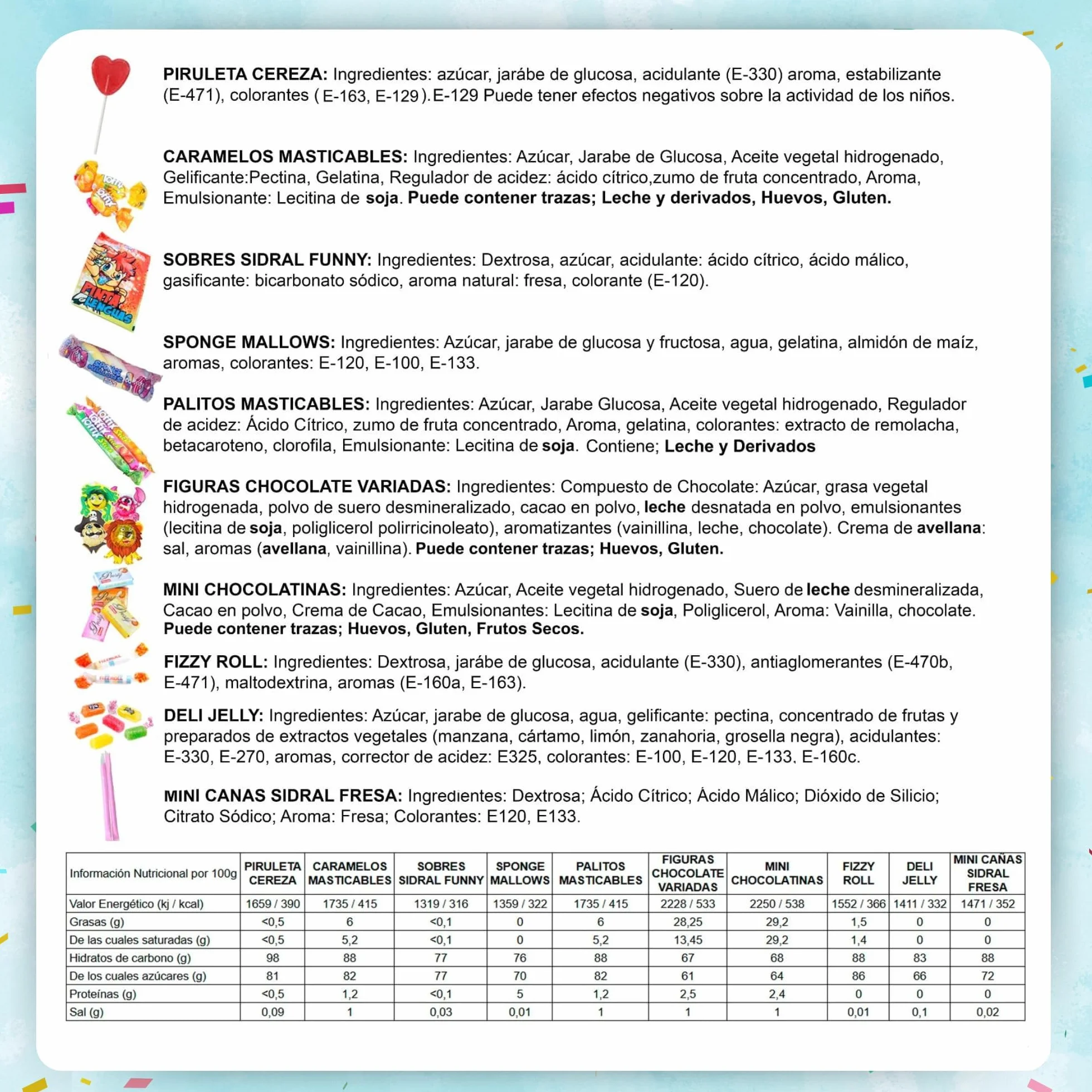 SIDRAL .275 chuches variadas+piñata+mochila para llevar chuches :Cañas y sobres Sidral, chocolate, gominolas, caramelos blandos rellenos gel de frutas - Perfectas para Regalar.