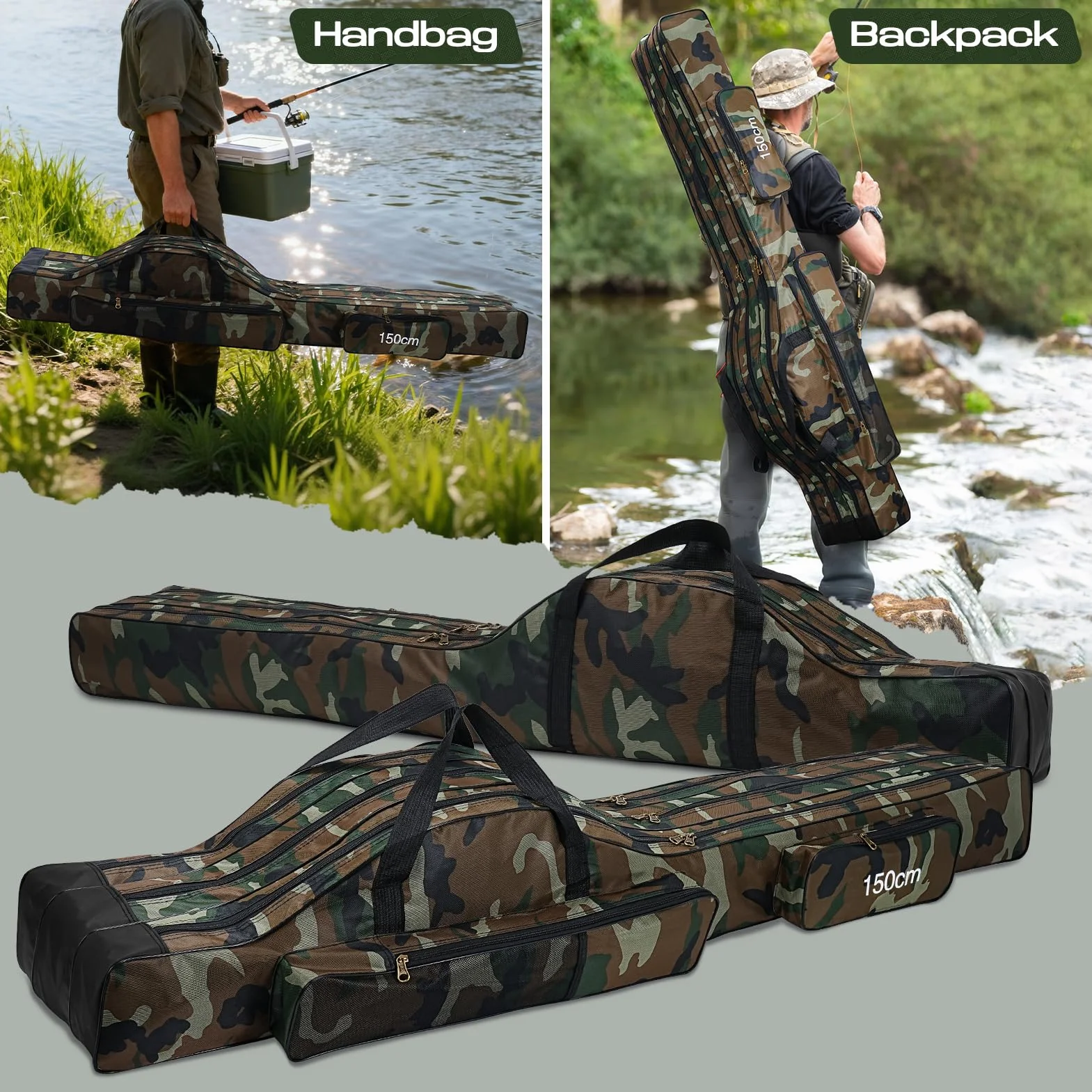 Bolsa para Caña de Pescar Portátil 150cm Plegable Impermeable 3 Capas Marrón