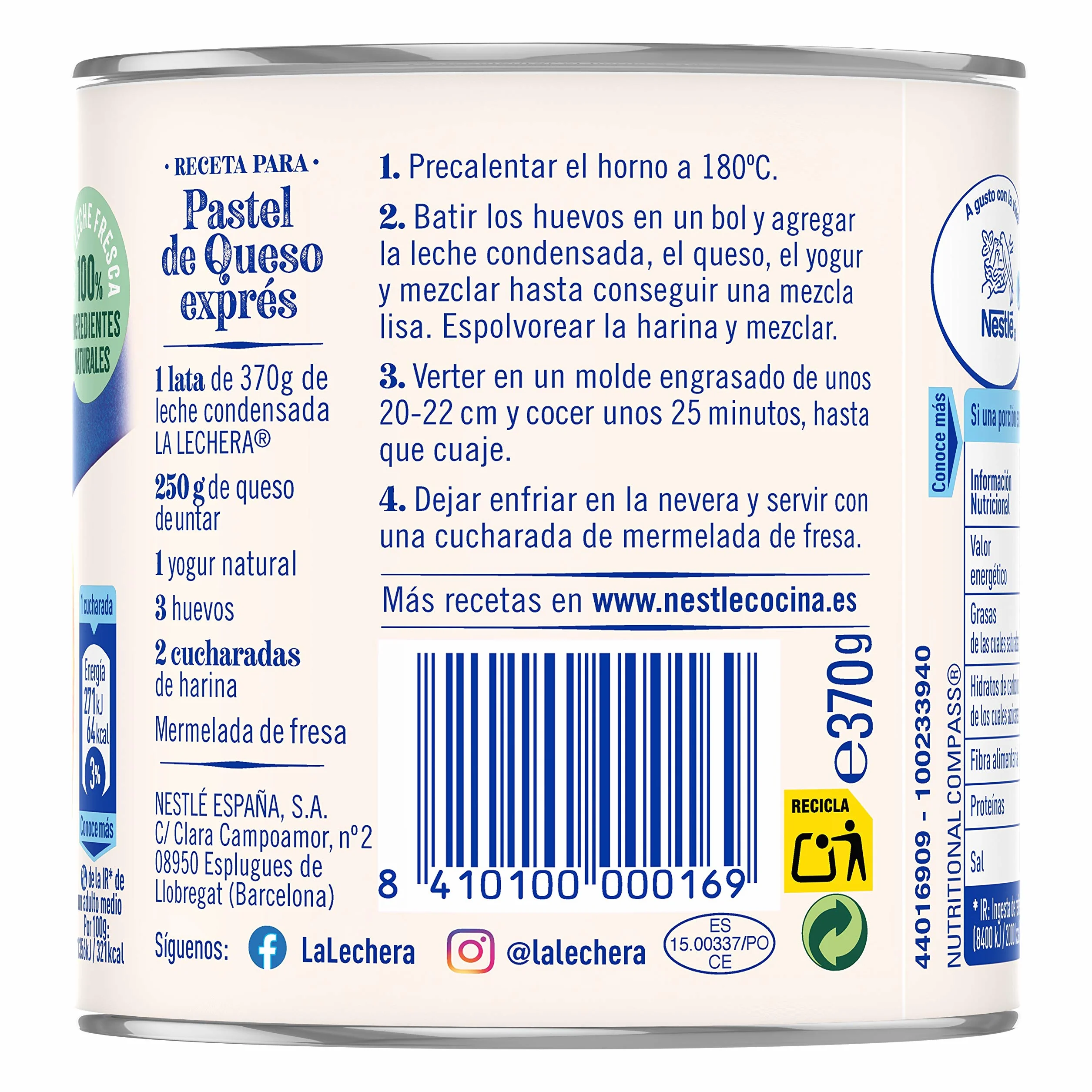 Nestlé La Lechera Leche condensada entera, Lata de 370 gr