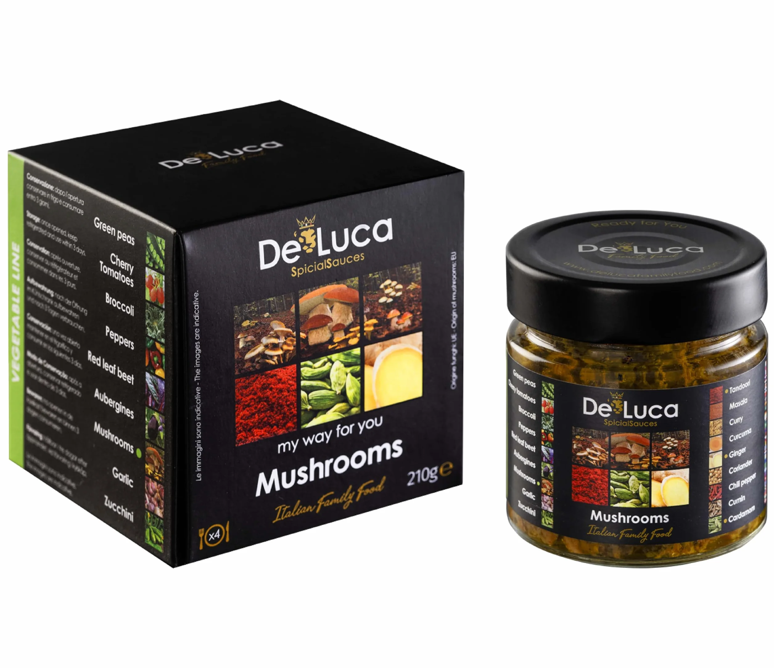 De Luca Family Food: 5 salsas Made in Italy, especiadas y listas para usar. Tomato 220gr, Tomato Tandoori 220gr, Olives Tomato 220gr, Zucchini 210gr, Mushrooms 210gr. Vegetarianos.
