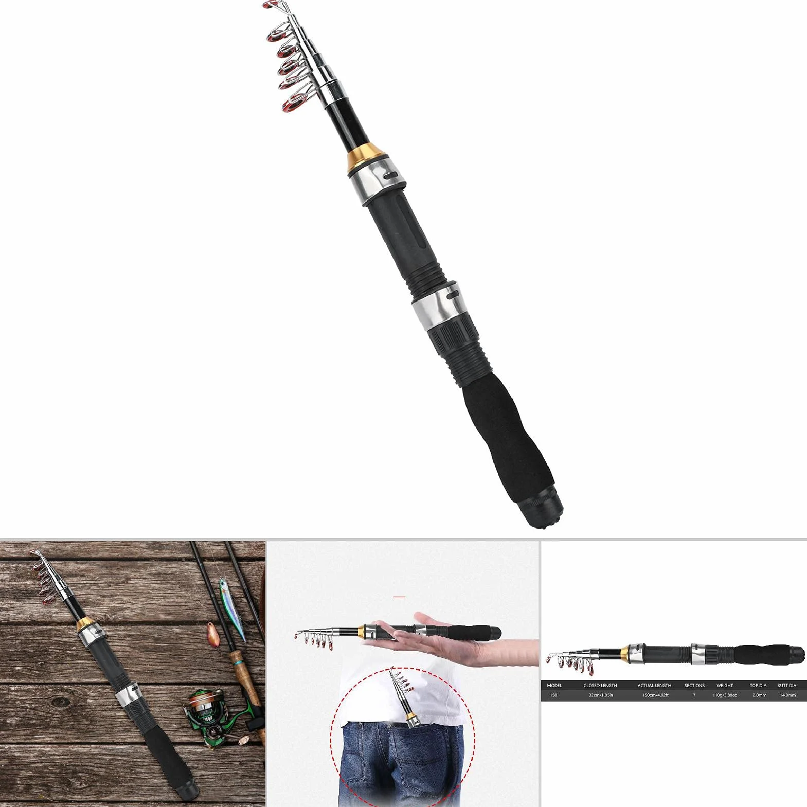 Yosoo Health Gear Caña de Pescar Portátil 1,5 m Mini Corta