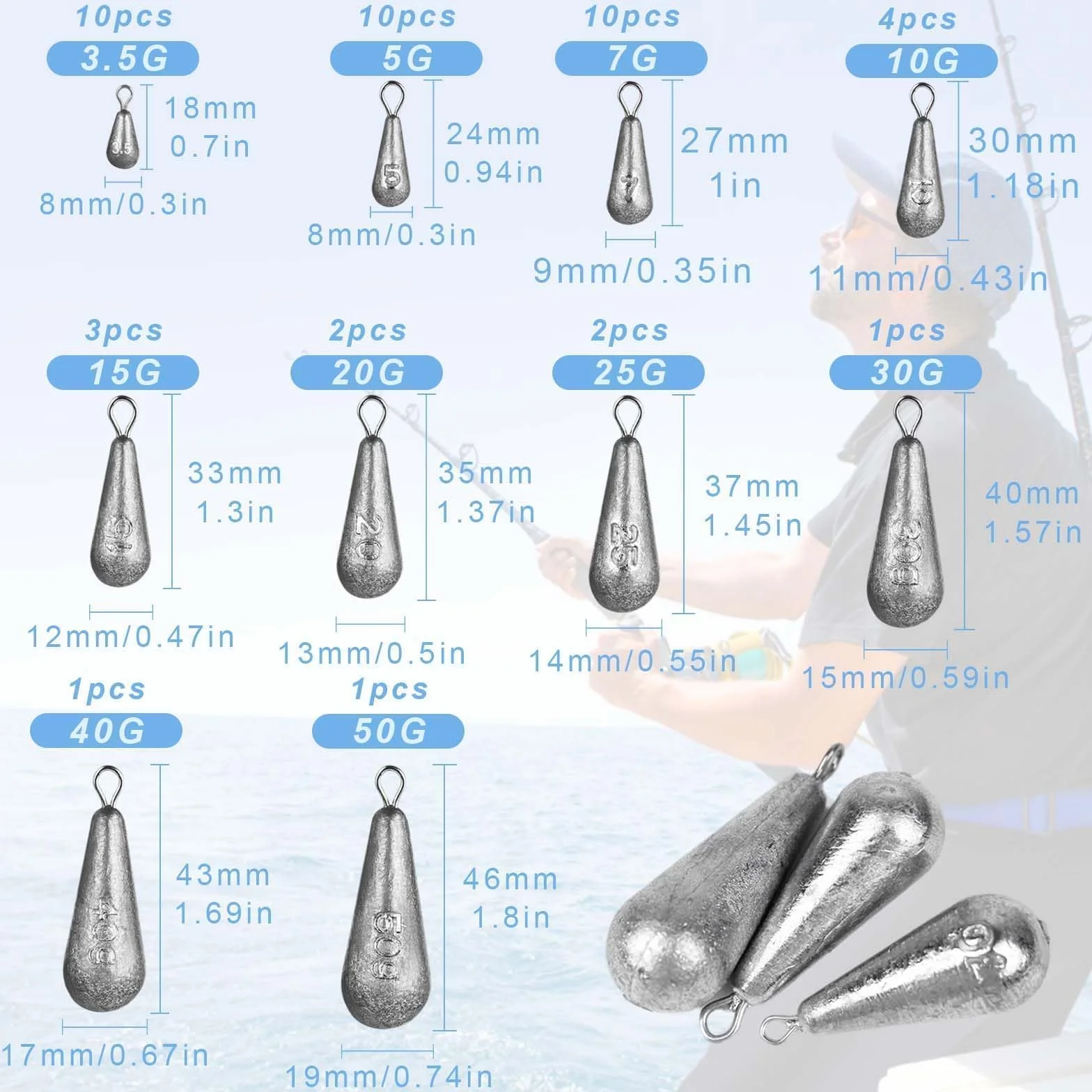 Kit de Pesas de Pesca 44 Piezas, Diez Tamaños, Plomo para Pesca en Forma de Gota