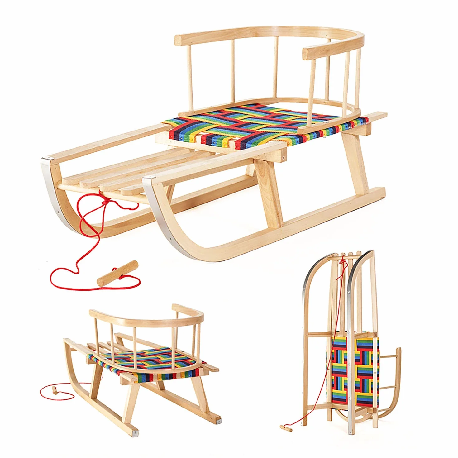 Trineo de Madera de Haya con Cuerda para Niños Multicolor - Trineo de Invierno Robusto