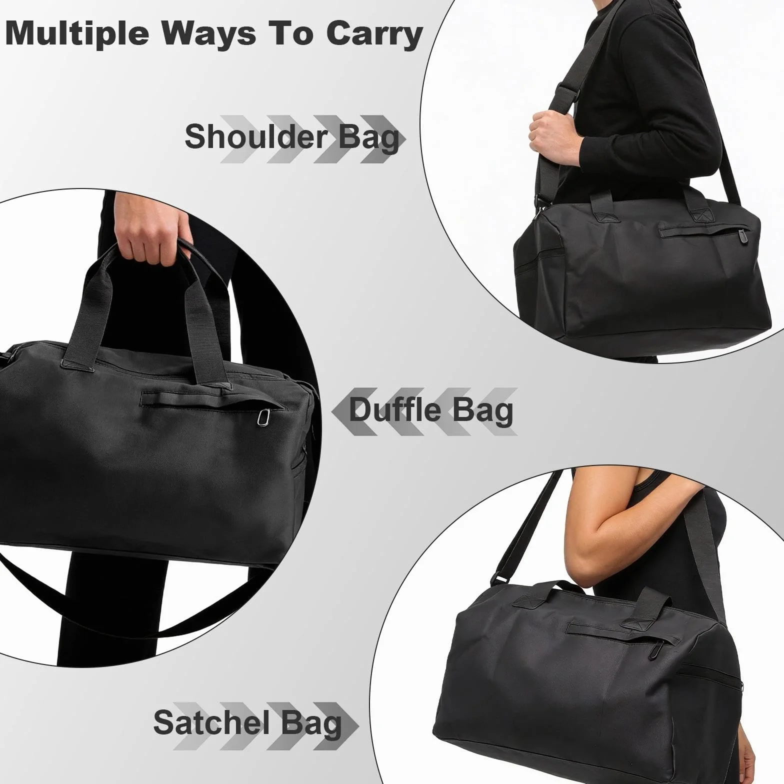 Bolsa de deporte con compartimento húmedo y seco, para zapatos, múltiples bolsillos, negra