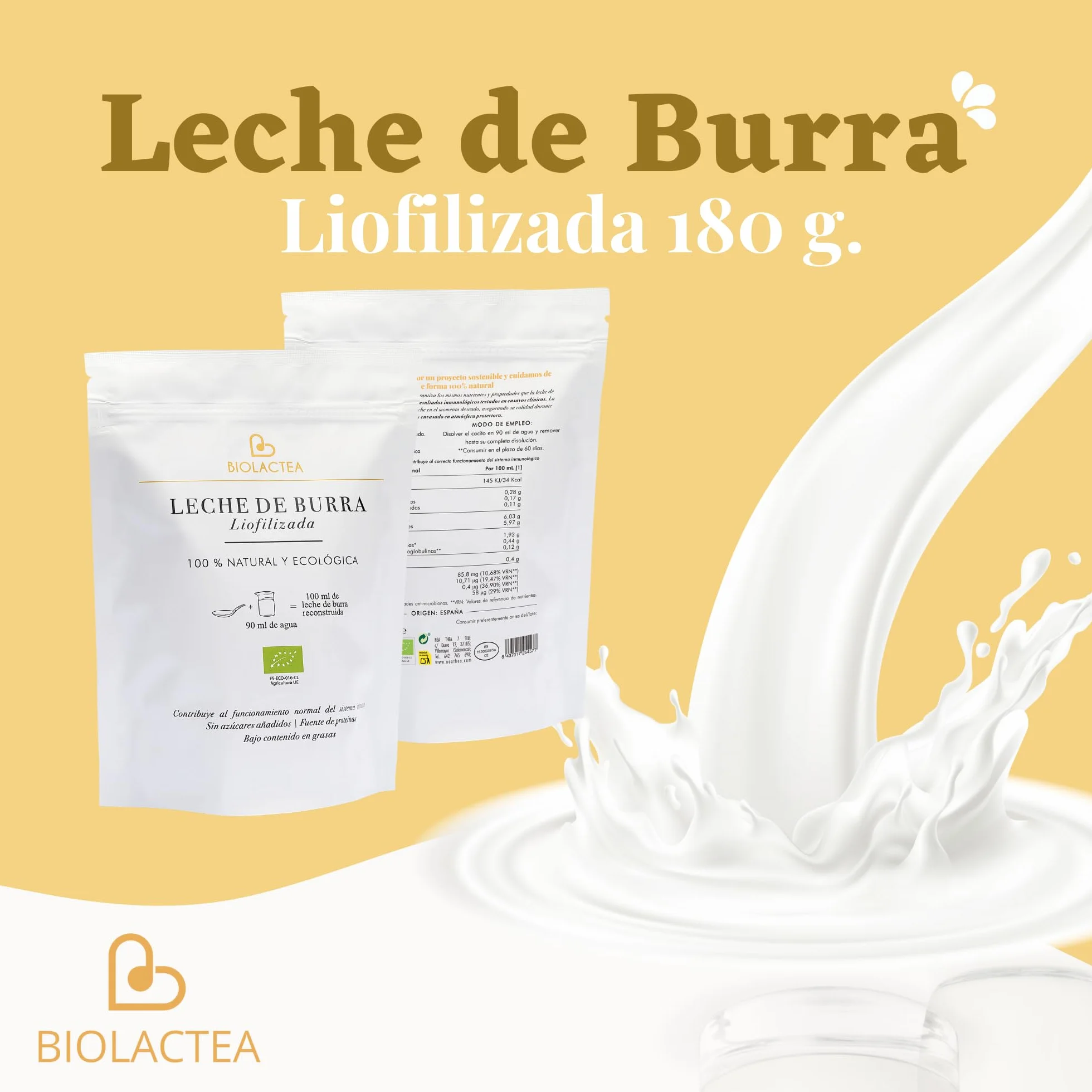 Biolactea Leche de Burra en Polvo 180 gr - Leche Pasteurizada Liofilizada Ecológica Rica en Proteínas