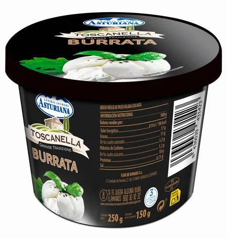 Queso Burrata Toscanella Central Lechera Asturiana 250g – Fresco y Cremoso, Perfecto para Ensaladas y Platos Gourmet (PRODUCTO REFRIGERADO) (4 BOTES DE 150 GR.)