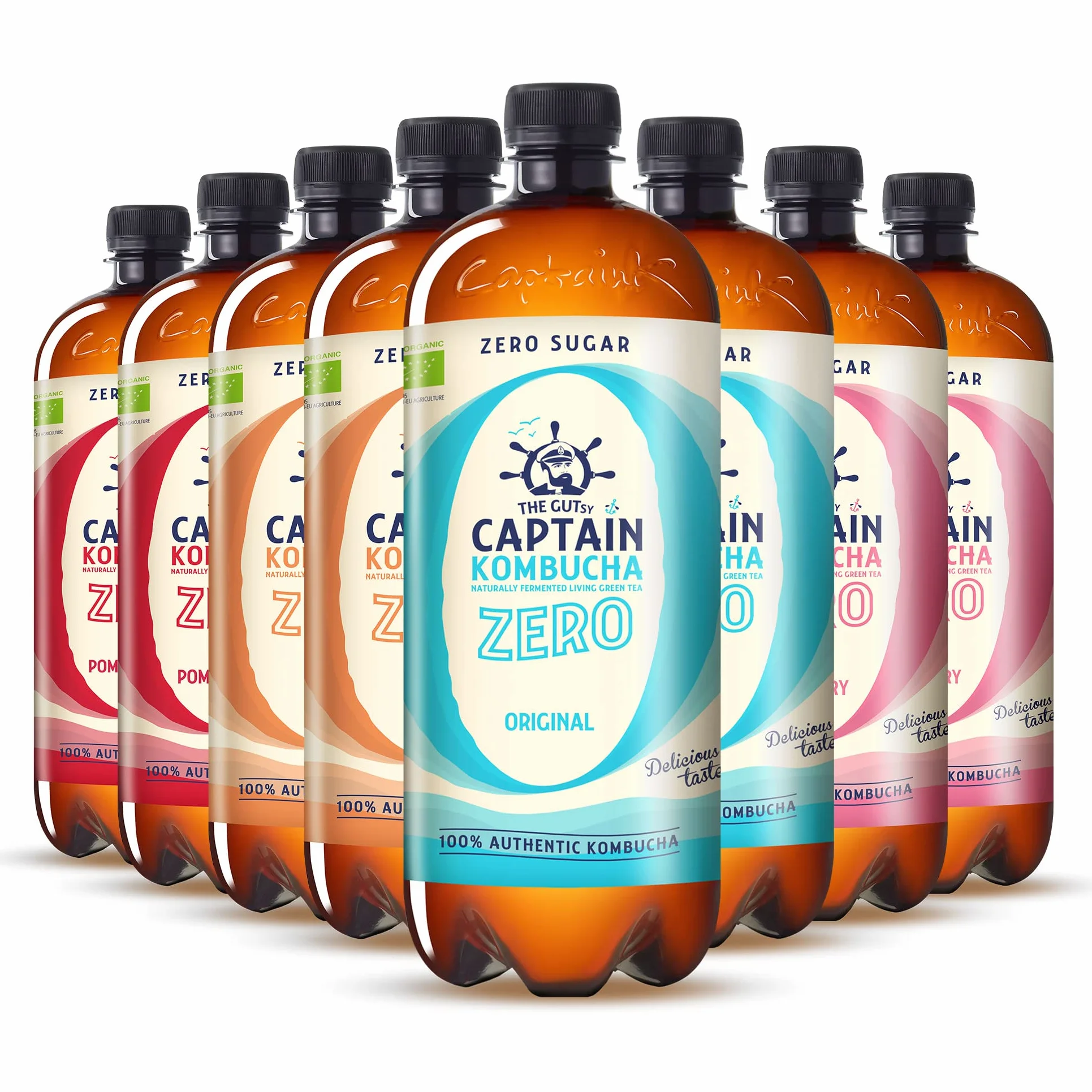 Gutsy Captain Kombucha ZERO 8x1l - Zero Sugar, Zero Calories - Bebida Probiótica Naturalmente Fermentada, Sin Pasteurizar, Vegan - 8 x 1000ml MixBox
