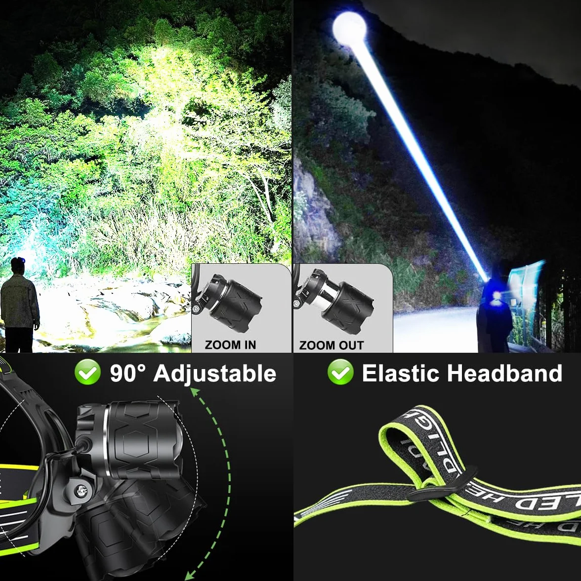 Linterna Frontal LED Recargable 90000 lúmenes 9000mAh 5 Modos 90° Ajustable para Camping y Pesca