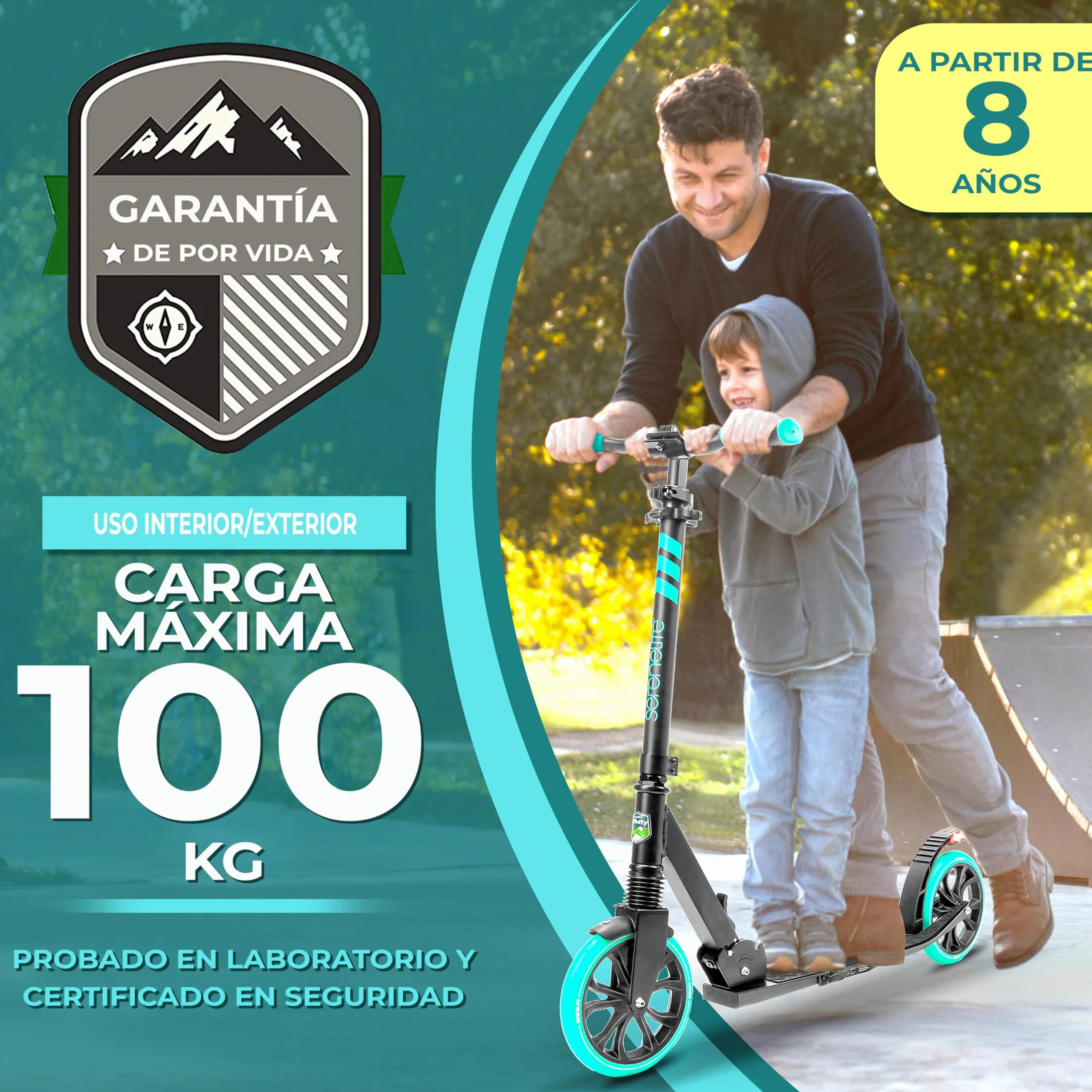 SereneLife Patinete Plegable Ajustable con Luces Freno Manillar Dos Ruedas