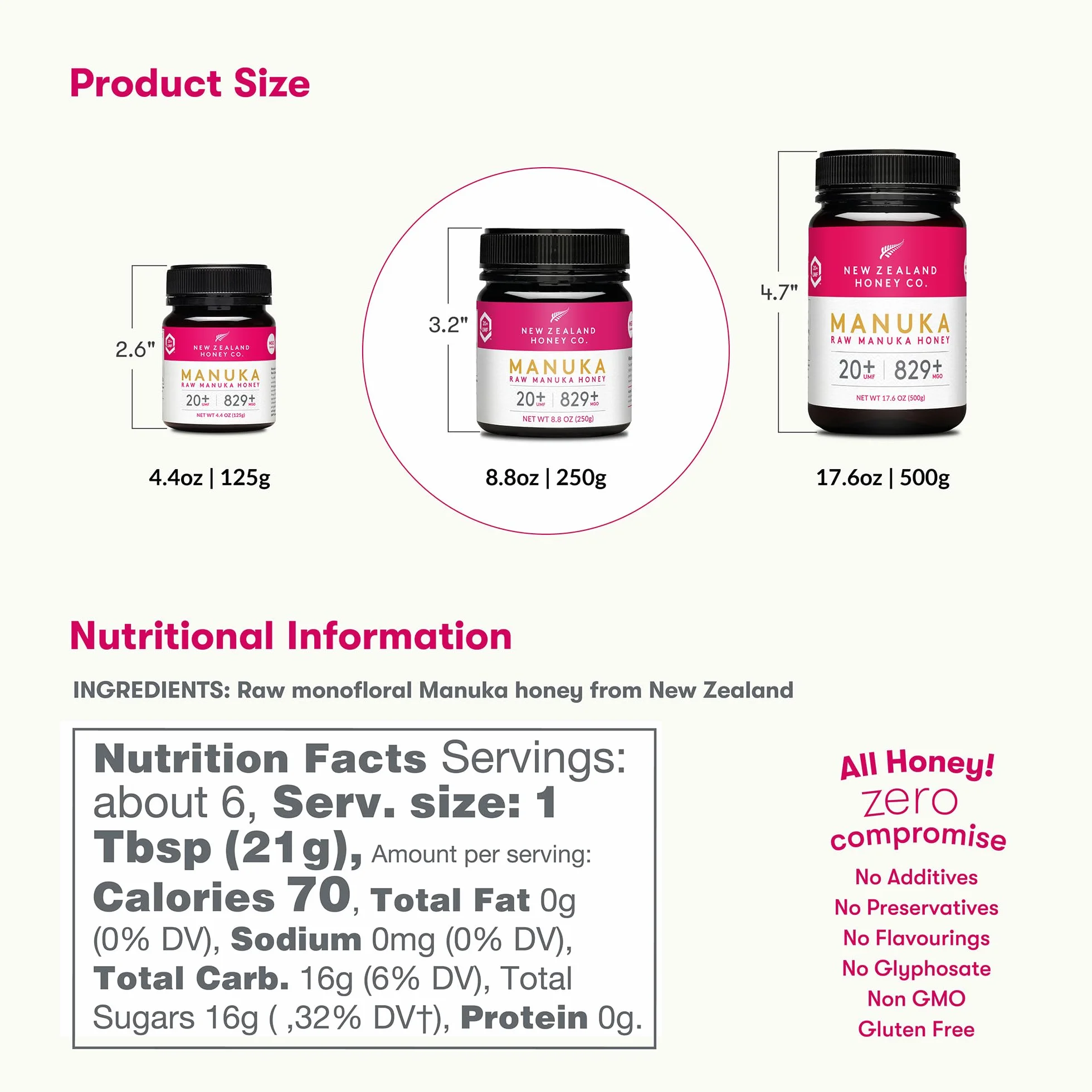New Zealand Honey Co. Miel de Manuka MGO 829+ / UMF 20+ - 250g Tarro Cotidiano - Origen Nueva Zelanda con Enzimas y Pólenes Naturales - Miel Monofloral Certificada UMF
