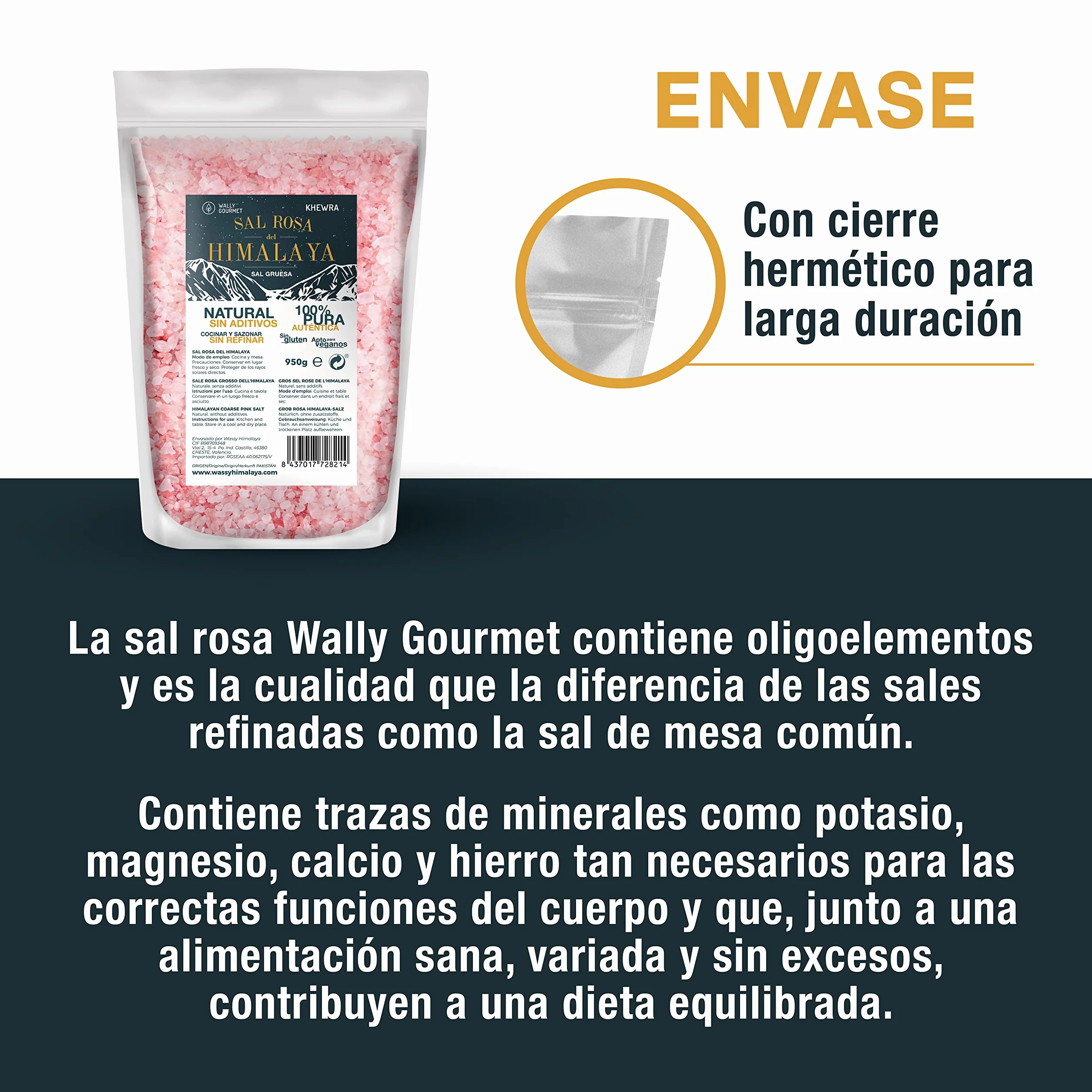 WALLY GOURMET Sal Rosa Del Himalaya Gruesa. 100% Natural, Sin Aditivos, Sin Refinado. Mayor Contenido En Oligoelementos. Para Sazonar Y Condimentar. Origen: Pakistán (950gr.)