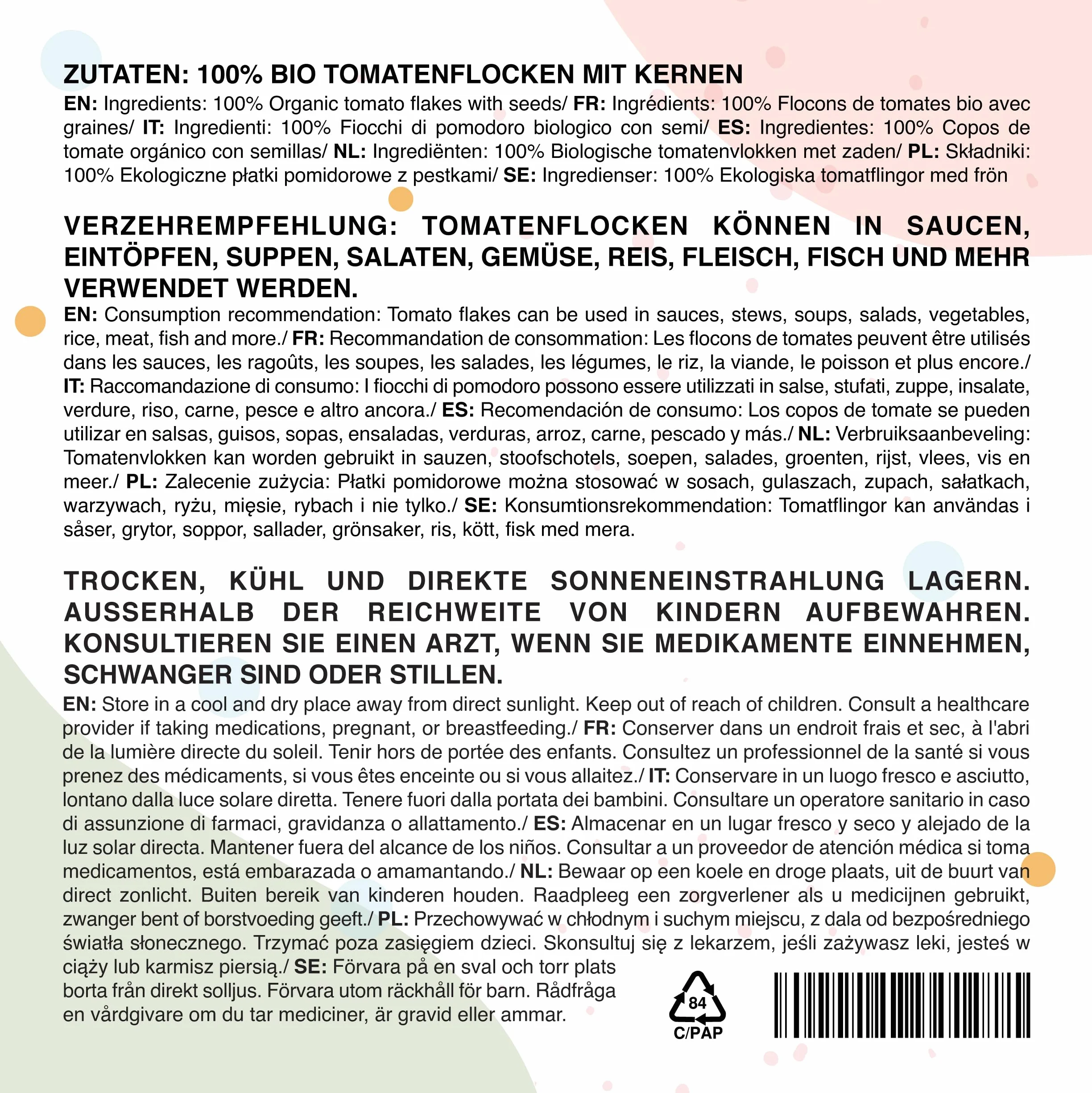 IDDA Herbal Copos de Tomate Orgánicos 500g, Trozos de Tomate, Tomates Secos Triturados para Cocinar