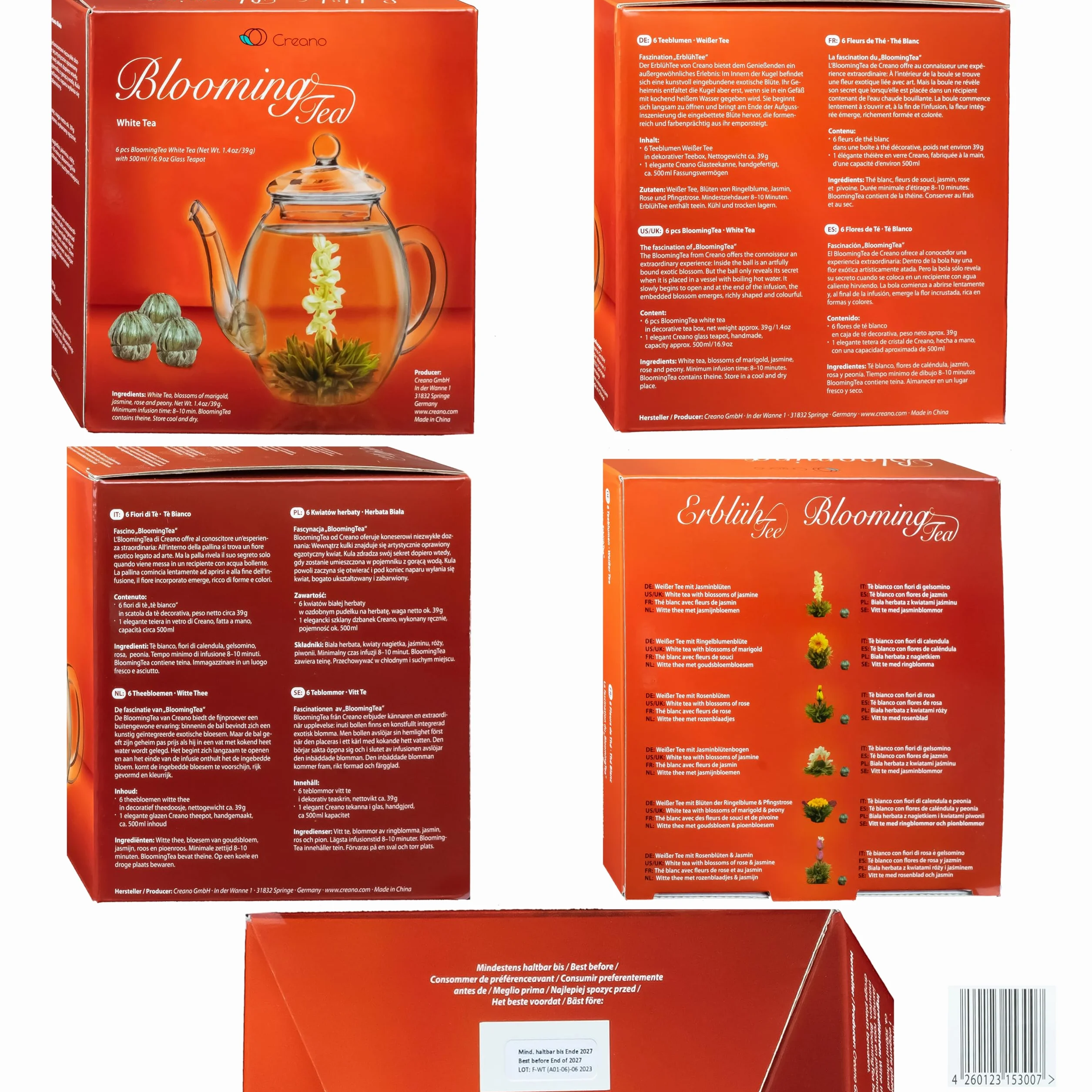Creano Set de Flores de Té Blanco 6 uds y Tetera de Vidrio 500ml Antigoteo – Experiencia de Bienestar y Relax – Té Blanco Suave de Calidad Artesanal
