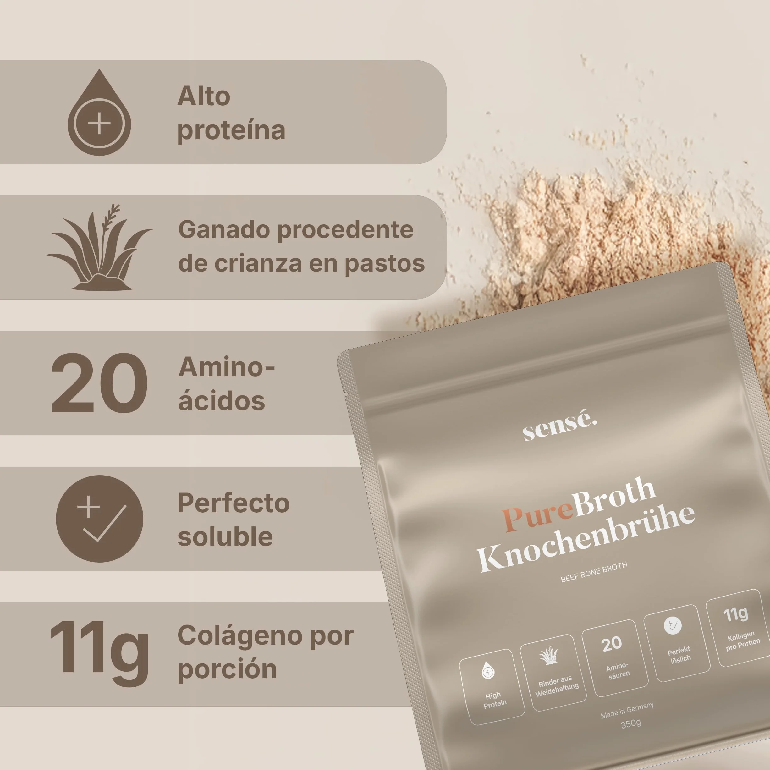 Polvo de caldo de huesos de ganado de pasto bioactivo 350 g colágeno tipo 1,2 y 3 alto contenido en proteínas