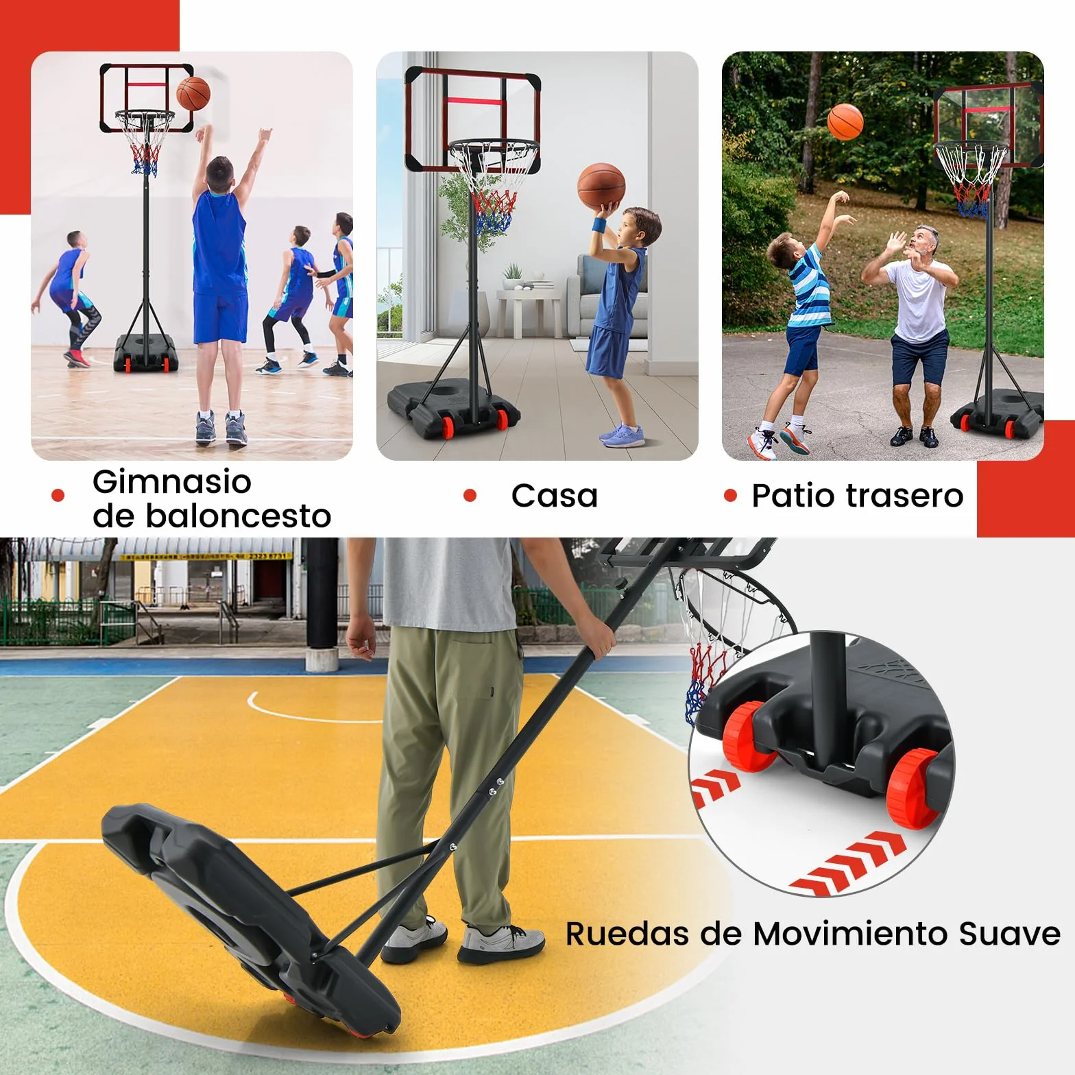 COSTWAY Canasta de Baloncesto Altura Ajustable 193-248 cm Rellenable de Arena y Agua Móvil con Ruedas Portátil PC Interior Exterior