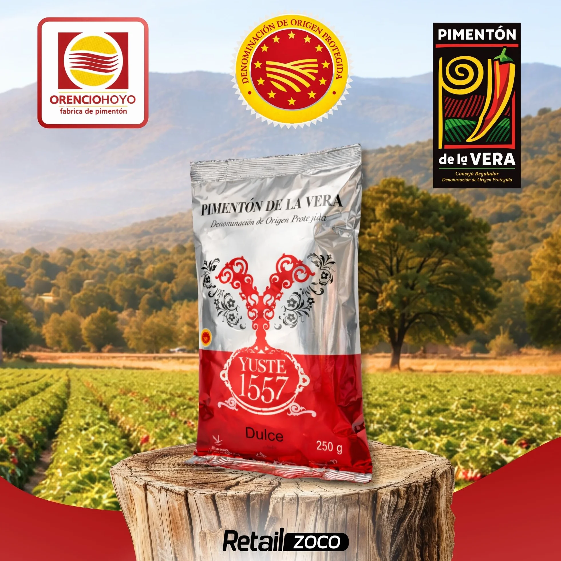 Pimentón de la Vera Ahumado Dulce, Denominación Origen Protegida, Pimentón Yuste 1557, Producido en Extremadura, Ideal para guisos, carnes, salsas y platos tradicionales, 1 bolsa de 250 gr