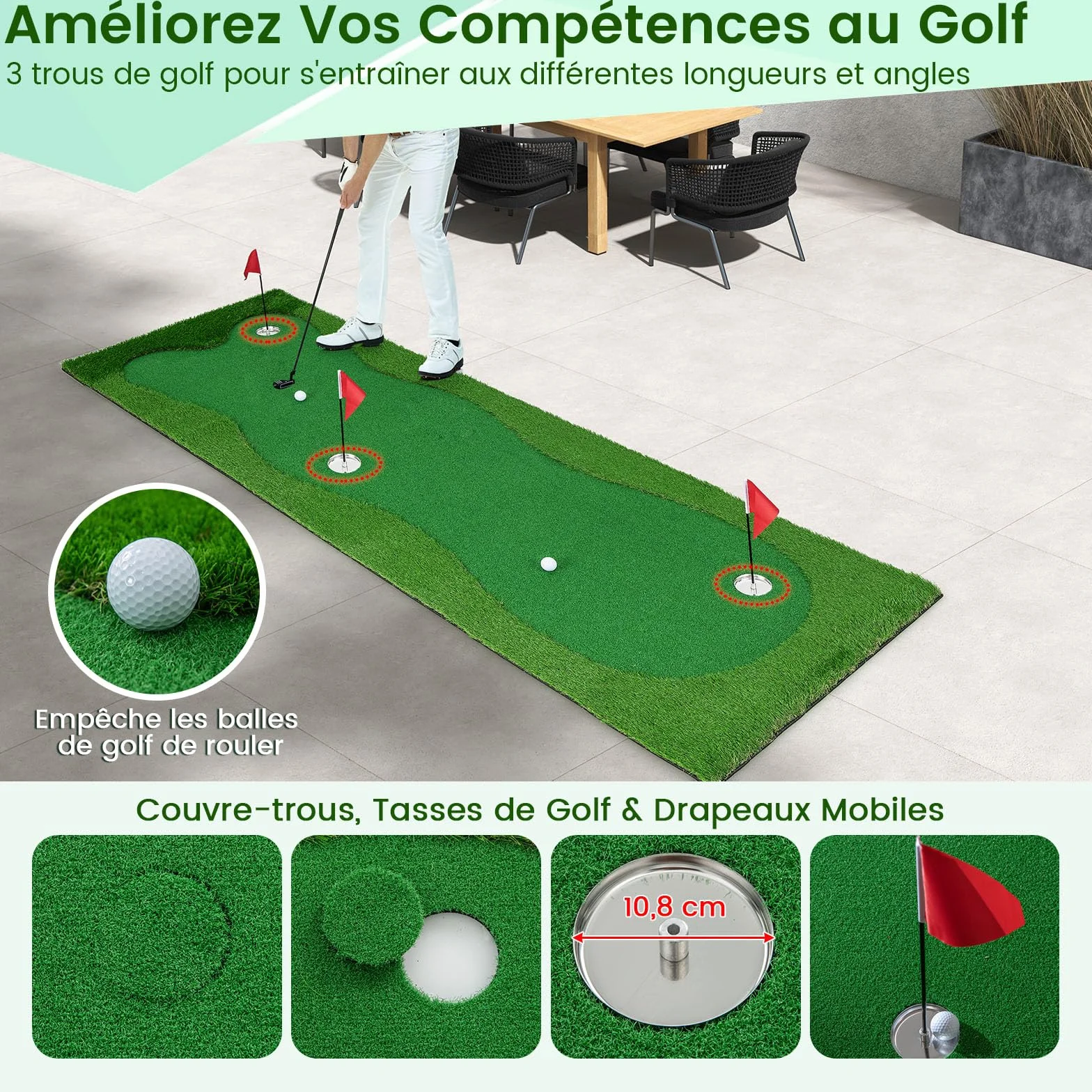 GOPLUS Alfombra de Golf para Putting 3x1 m, Entrenamiento de Golf con 3 Agujeros, Interior Exterior