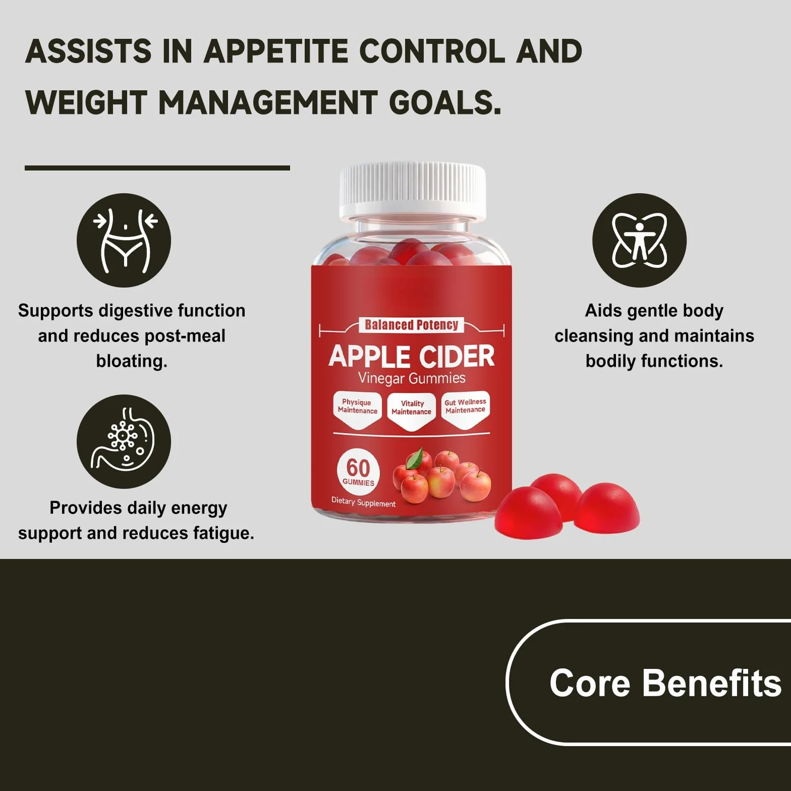 Gomitas De Vinagre Sidra Manzana For Control Del Apetito, Aumento Metabolismo, Alivio La Hinchazón Y Energía - Apoyo Digestivo Masticable, 60 Unidades(3PCS)