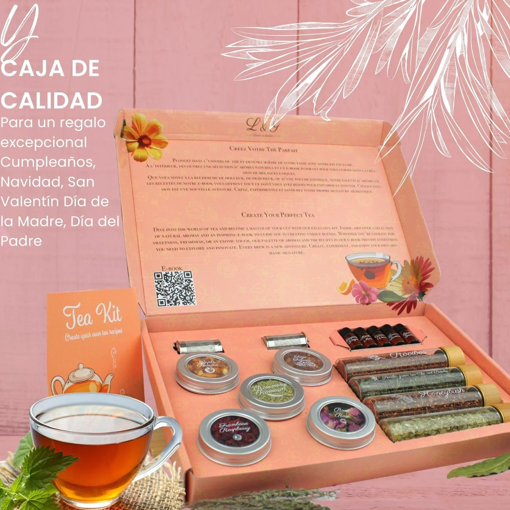 L&G® - Kit té preparación y degustación - Honeybush, Rooibos, Sancha Green, Maté - Infusores incluidos - Set de té DIY - Regalar Navidad, cumpleaños - Made in France - Ingredientes de calidad