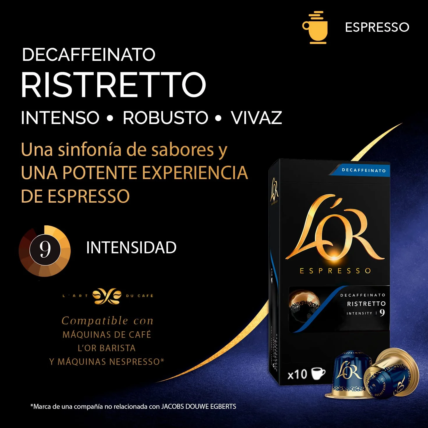 L'OR Espresso Cápsulas de Café Ristretto Decaffeinato | Intensidad 9 | 100 Cápsulas Compatibles Nespresso (R)