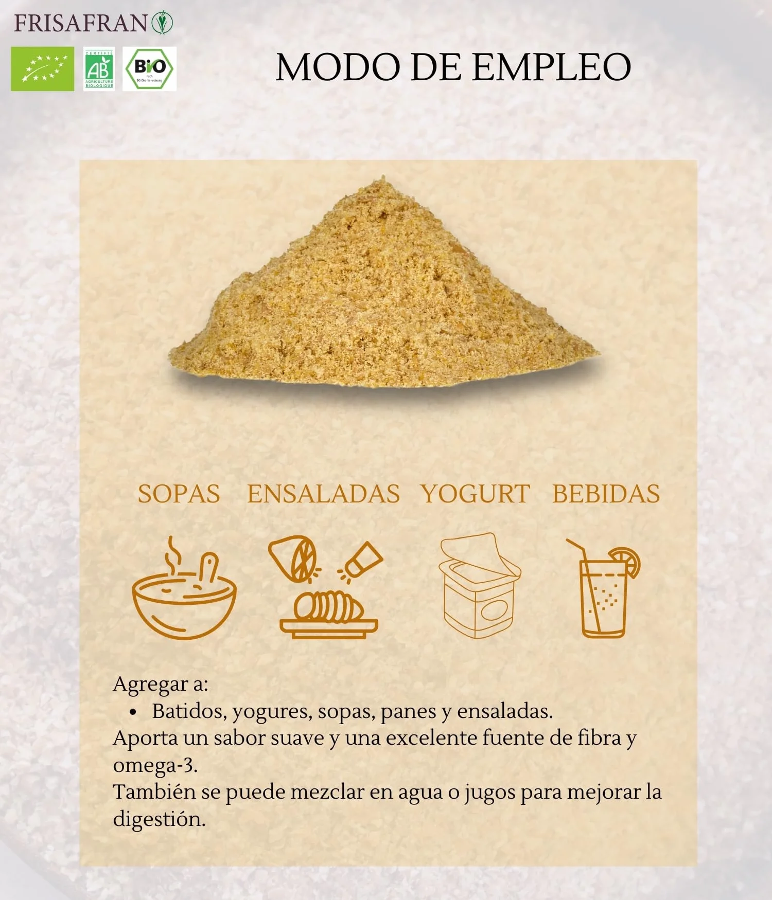 FRISAFRAN | Semilla de Lino Dorado Molida Ecológico 200g | Superalimento Organico | lino dorado | Semillas de lino marrón | Ácidos grasos | Fuente Natural de Fibra | Omega 3 | 100% Vegano | Sin Gluten