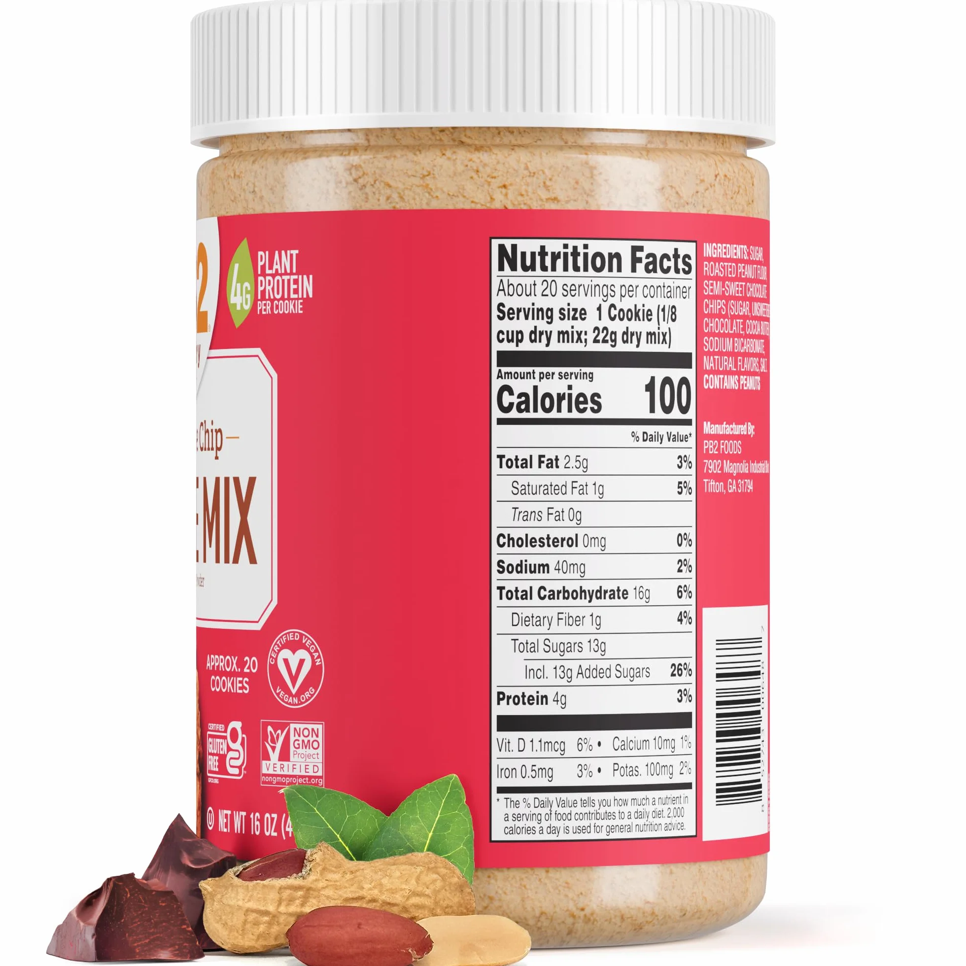 PB2 Pantry Mezcla de galletas con chispas de chocolate, tarro de 16 onzas, certificado vegano, sin gluten, sin OMG, 4 g de proteína vegetal por galleta
