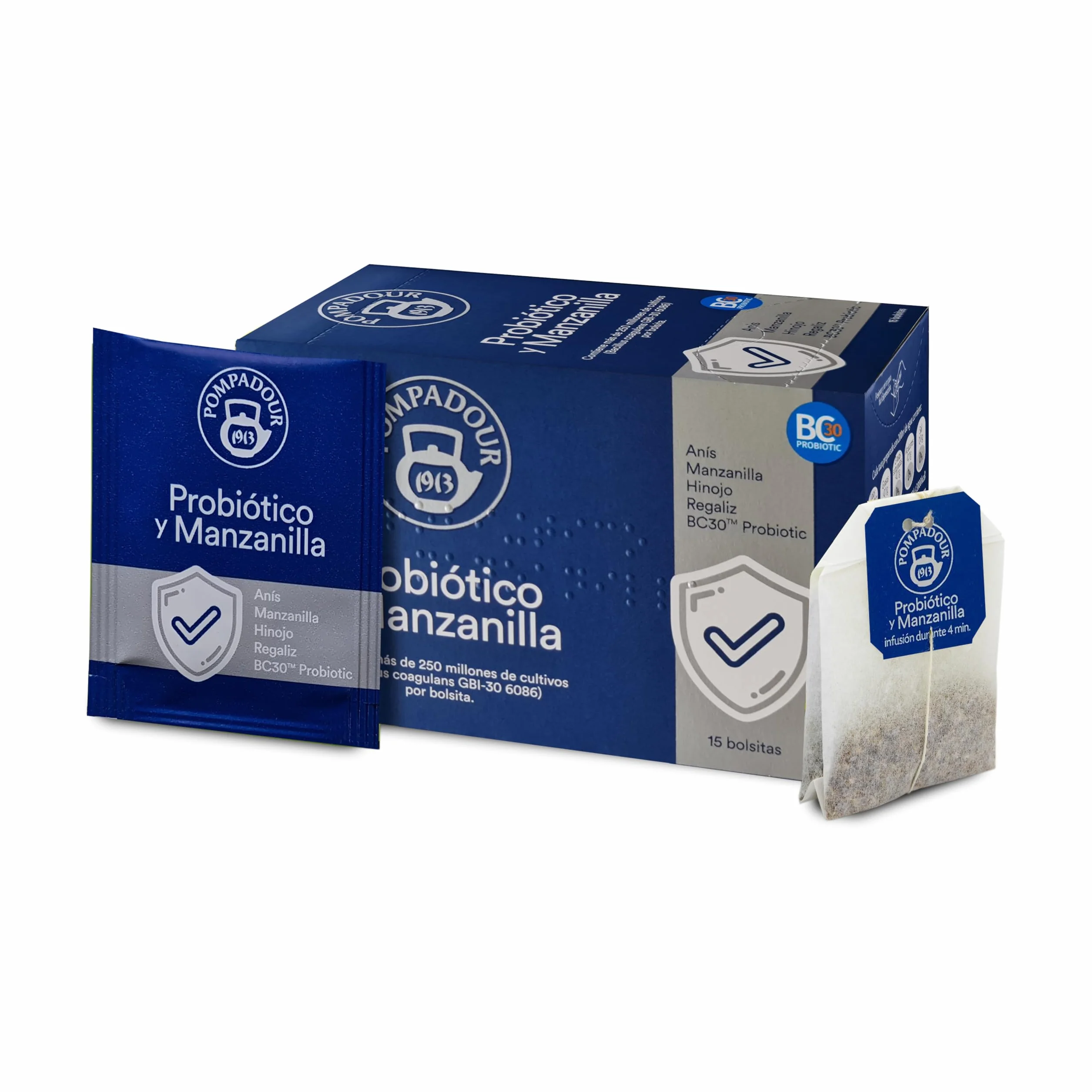 Pompadour | Probiótico y Manzanilla | Ayuda a la Flora Intestinal | Con Probiótico BC30 | Sin Teína | 15 Bolsitas de 1,75 Gr