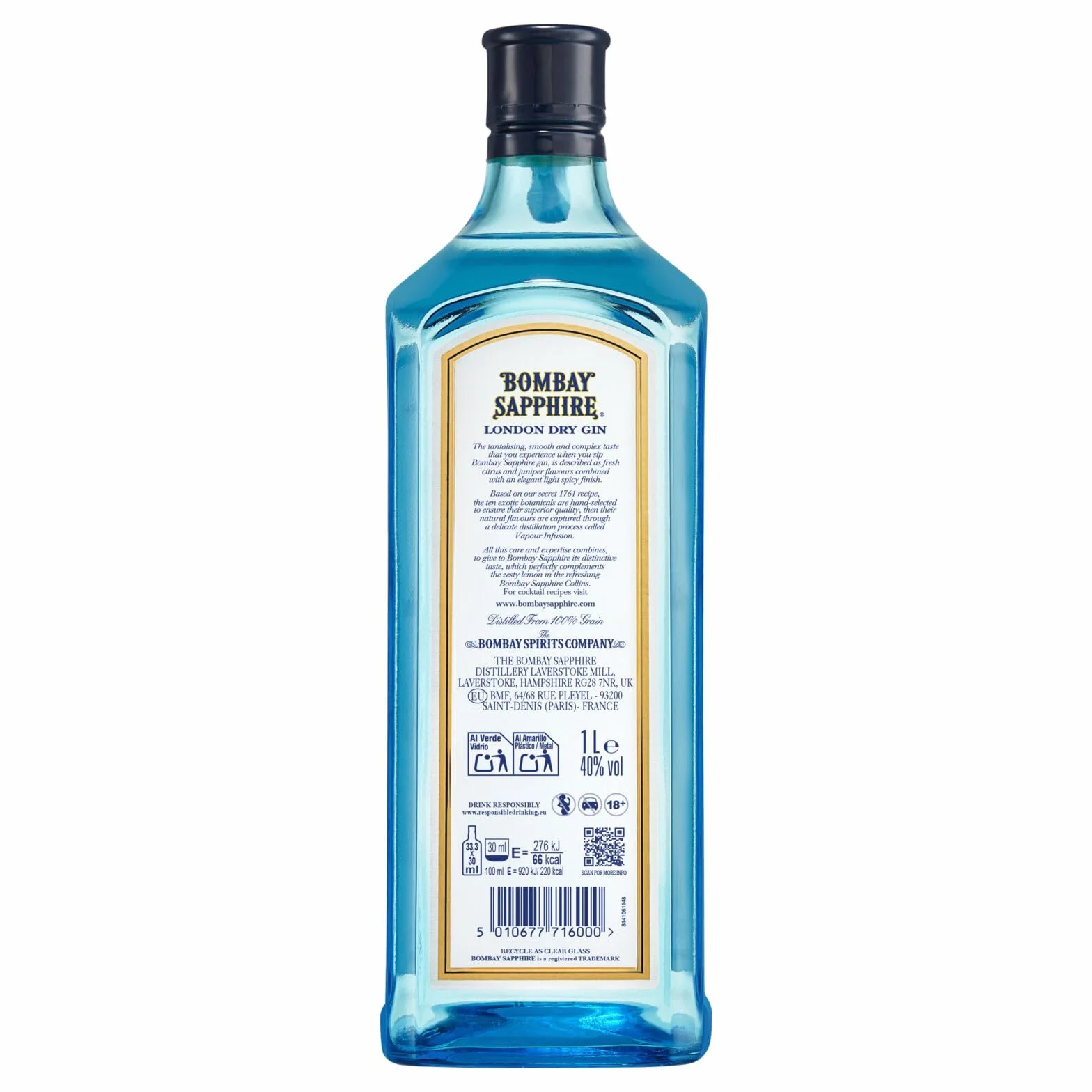 Bombay Sapphire London Dry Gin, 40% Vol., 100 cl / 1 L, bebida espirituosa 100% infusionada al vapor con 10 botánicos seleccionados a mano