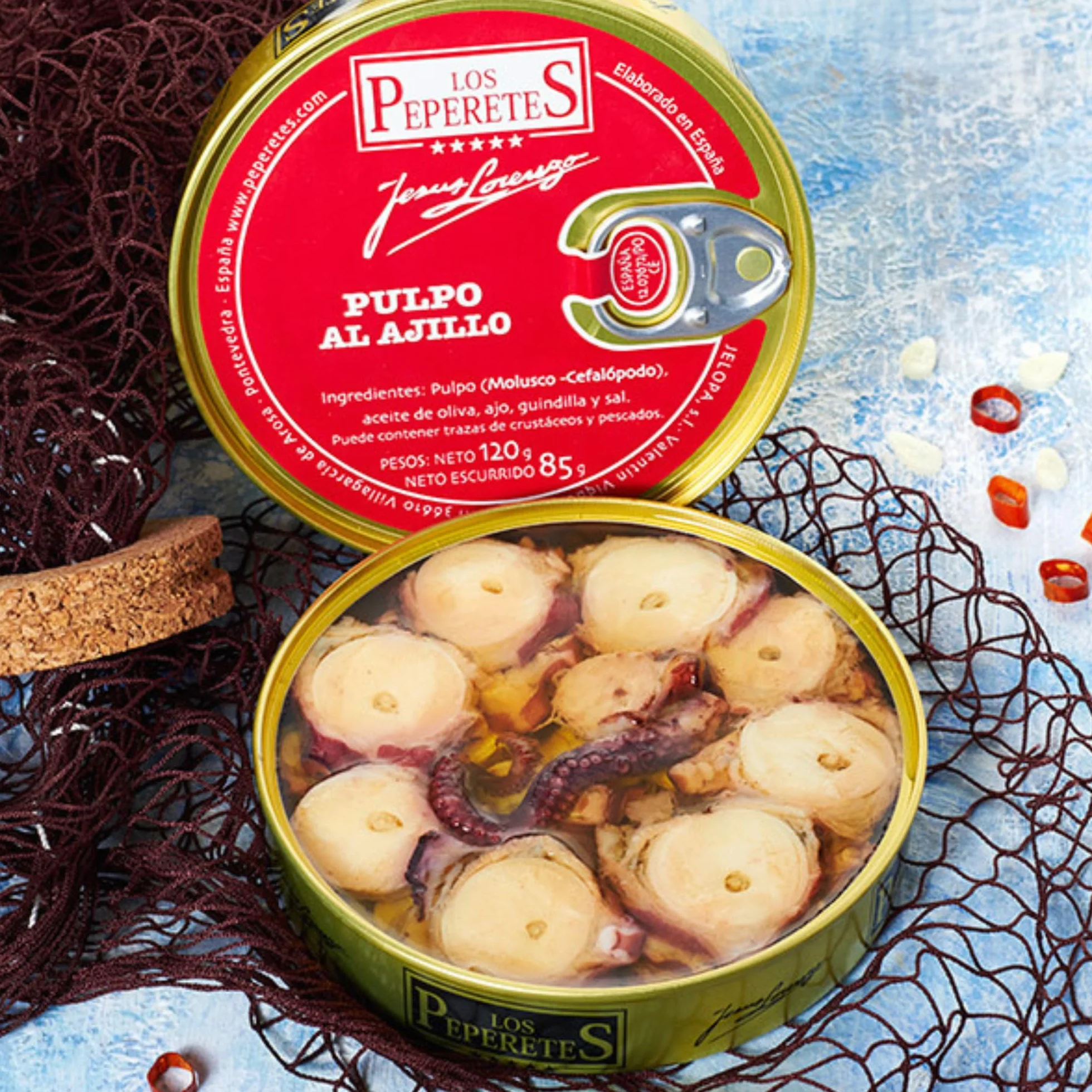 LOS PEPERETES Pulpo al Ajillo 120 g | Marisco Gallego Gourmet | Conserva Artesanal en Aceite de Oliva con Ajo Natural | Pulpo del Atlántico | Sabor Tradicional de Galicia