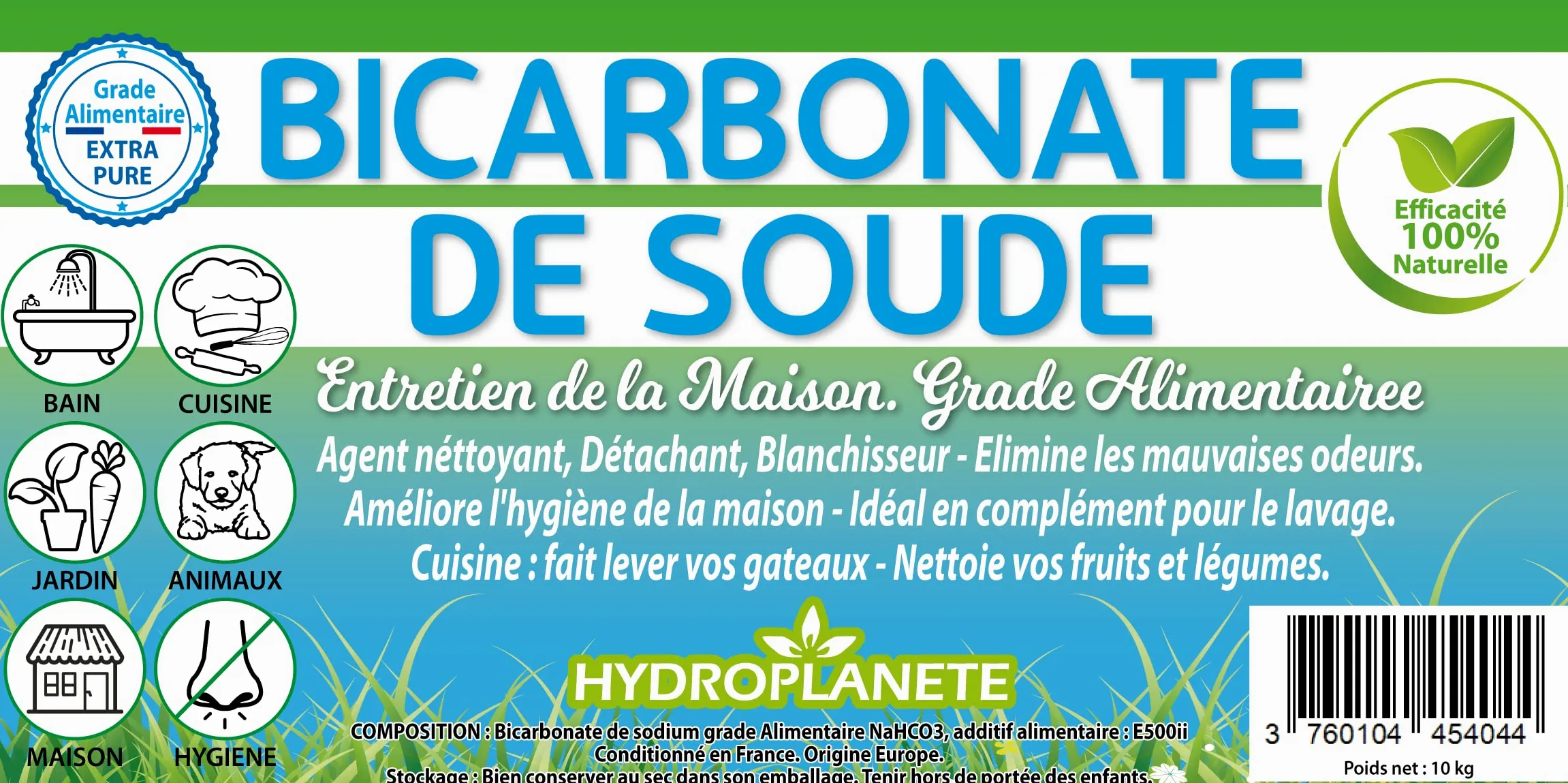 Bicarbonato Sódico Multiusos - Polvo para la Alimentación y el Hogar - Sin Aditivos y 100% Natural - Fabricado en Francia - Disponible de 1kg a 20kg - Hydroplanete