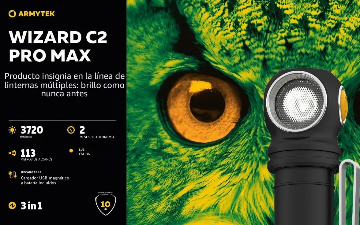 Armytek Wizard C2 Pro Max Linterna frontal LED 3720 lúmenes luz cálida recargable USB