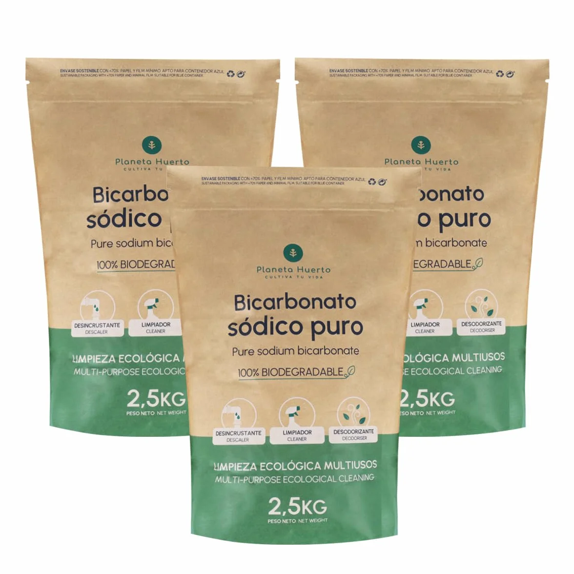 PLANETA HUERTO | Pack 3x Bicarbonato Sódico Ecológico 2.5 kg - Limpieza y Desodorización Natural Multiusos para el Hogar y Más