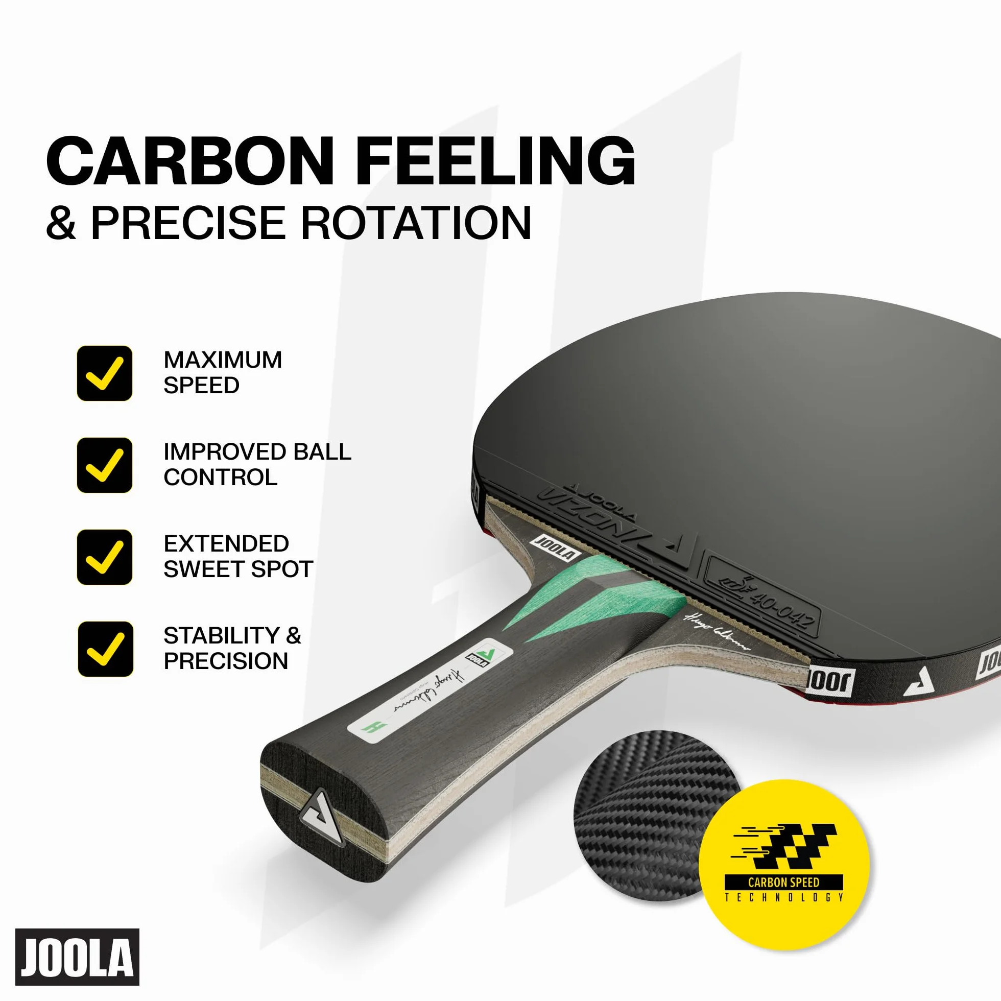 JOOLA Hugo Calderano Carbon Raqueta de Ping Pong con Funda y 3 Pelotas, Aprobado ITTF, Negro y Verde