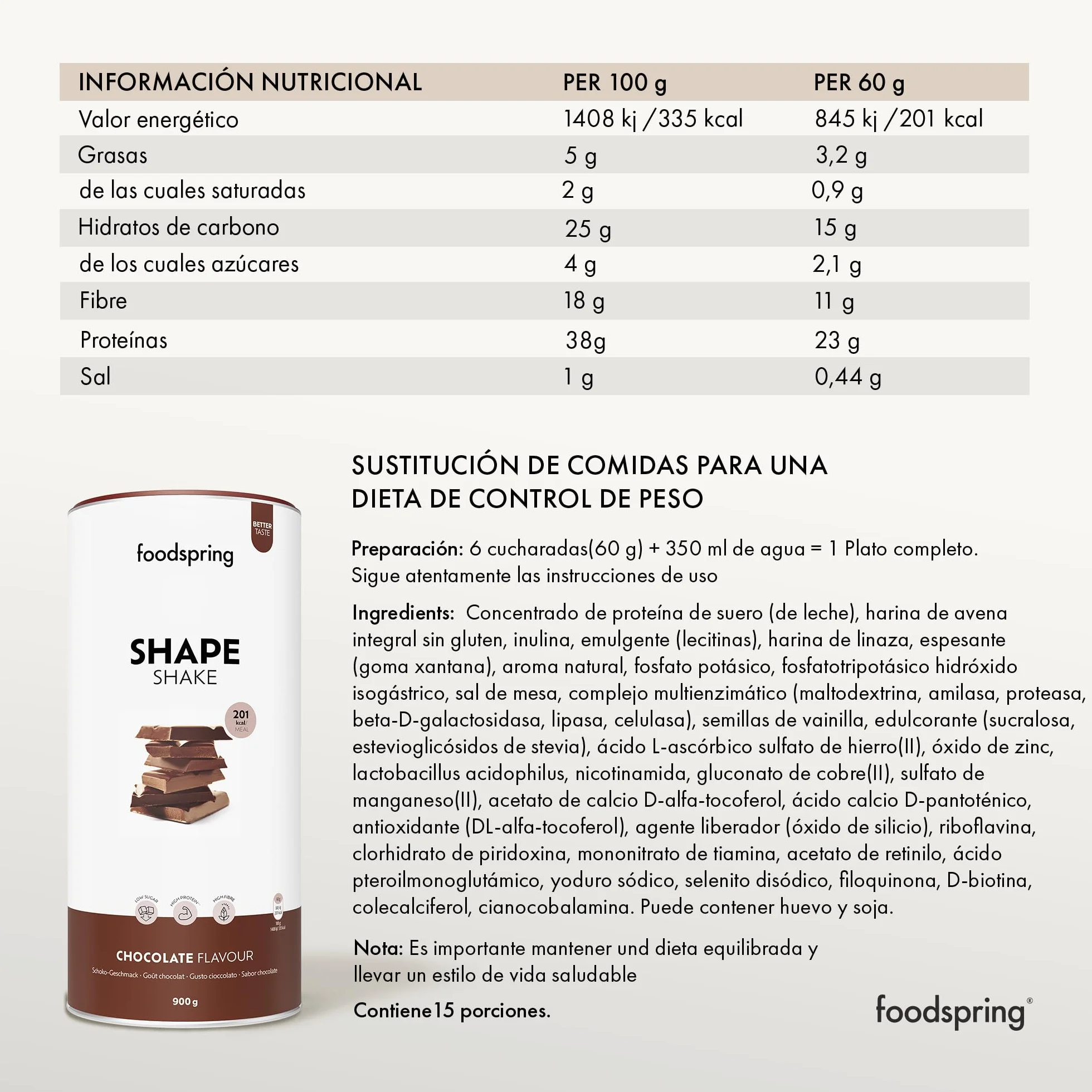 foodspring Shape Shake Chocolate - batido completo, sustitutivo de comida con proteína premium para controlar el peso, 201 kcal por ración, sin gluten - 900g