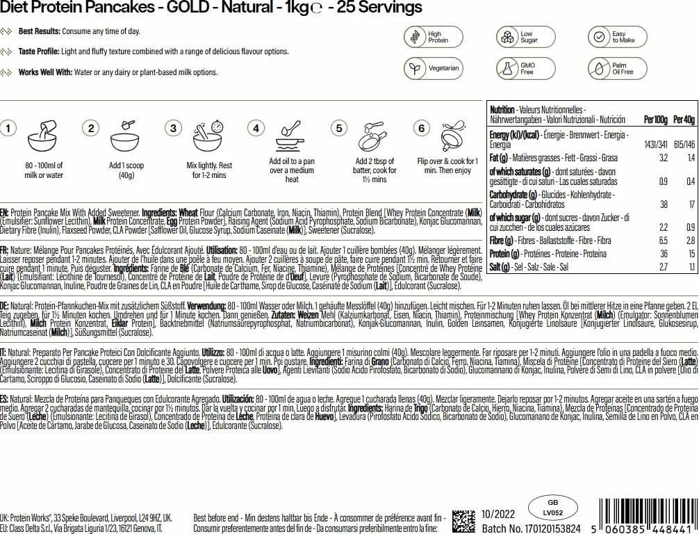 Protein Works | Diet Protein Pancakes – GOLD Innovation, Mezcla Pancakes Proteicos Premium, Desayuno Bajo en Calorías, Bajo Grasa & Azúcar, Apoya Pérdida de Peso, Natural, 25 Porciones, 1kg