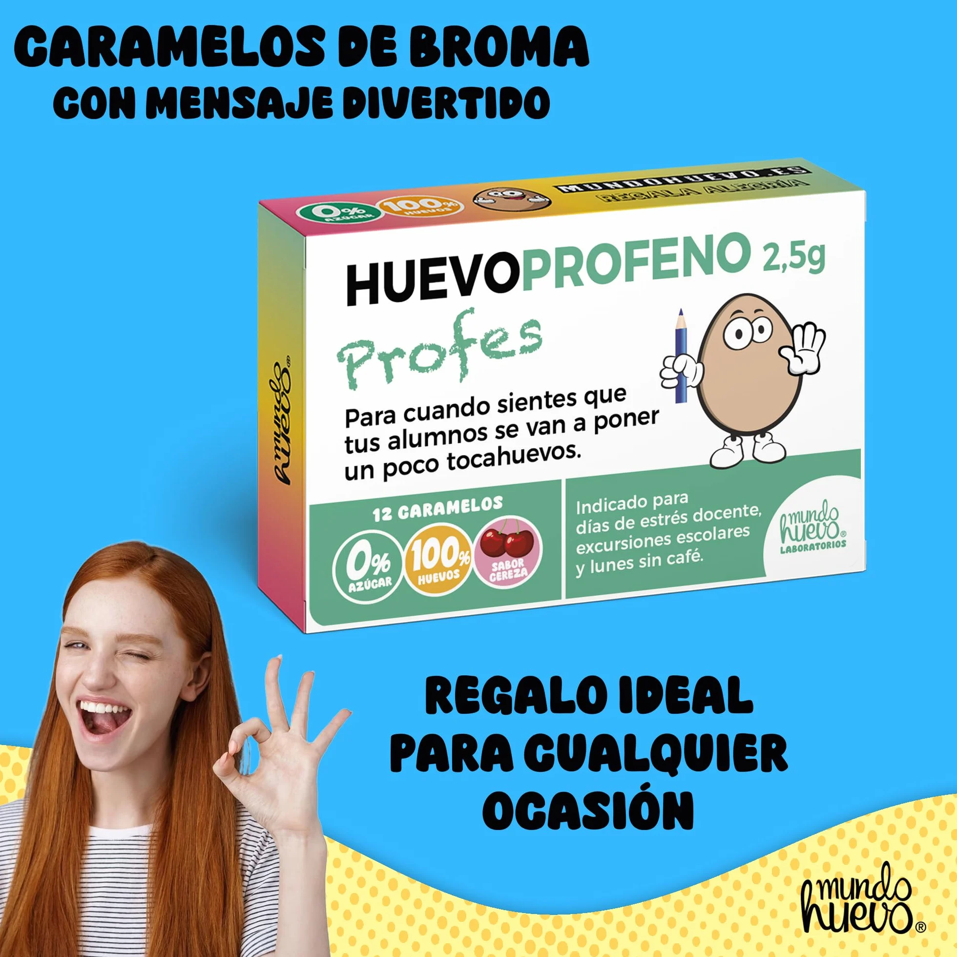 Caramelos de broma HUEVOPROFENO+ Profe | Caja con 12 caramelos sin azúcar sabor cereza | Regalo divertido para profes que dejan huella